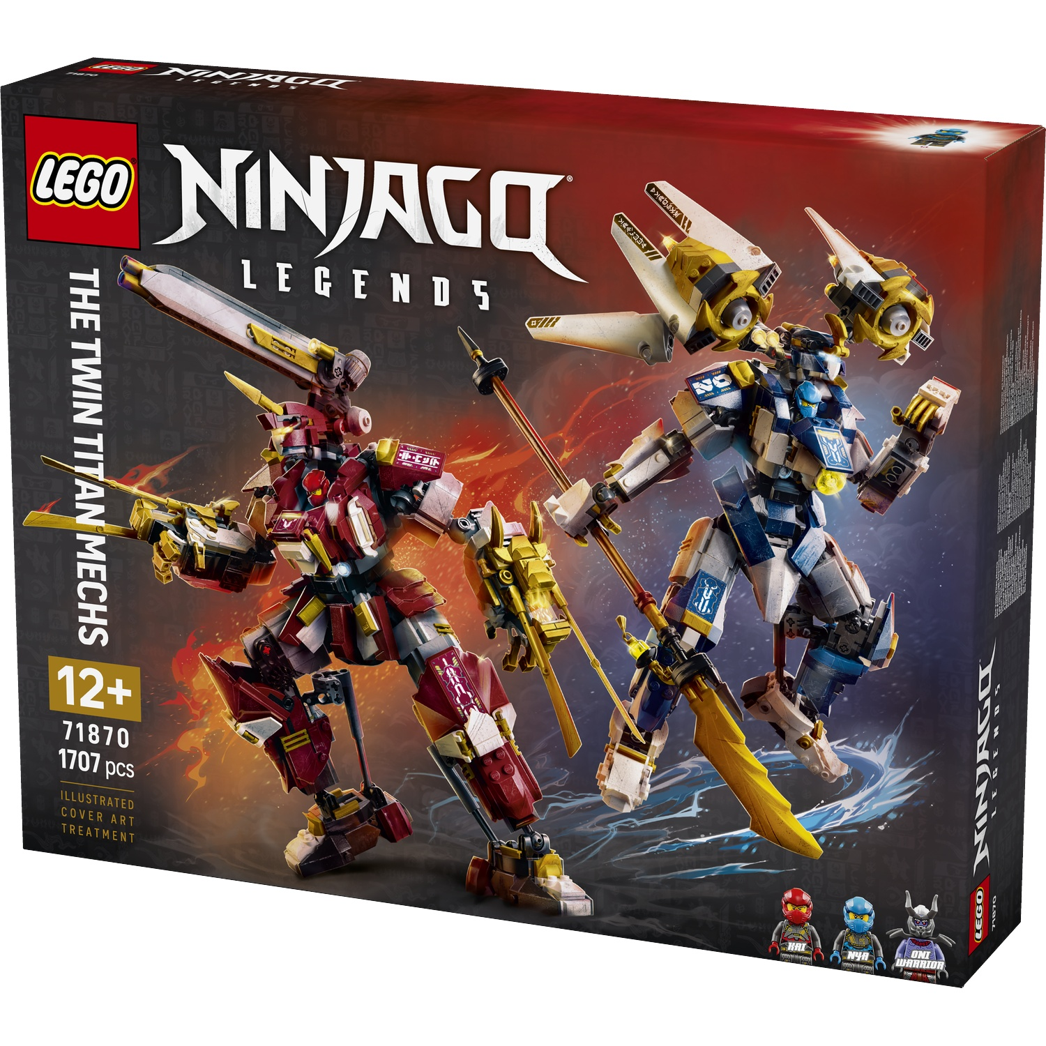 Lego Ninjago box art shows two mechs: one red, one blue/white. Title: The Twin Titan Mechs.
