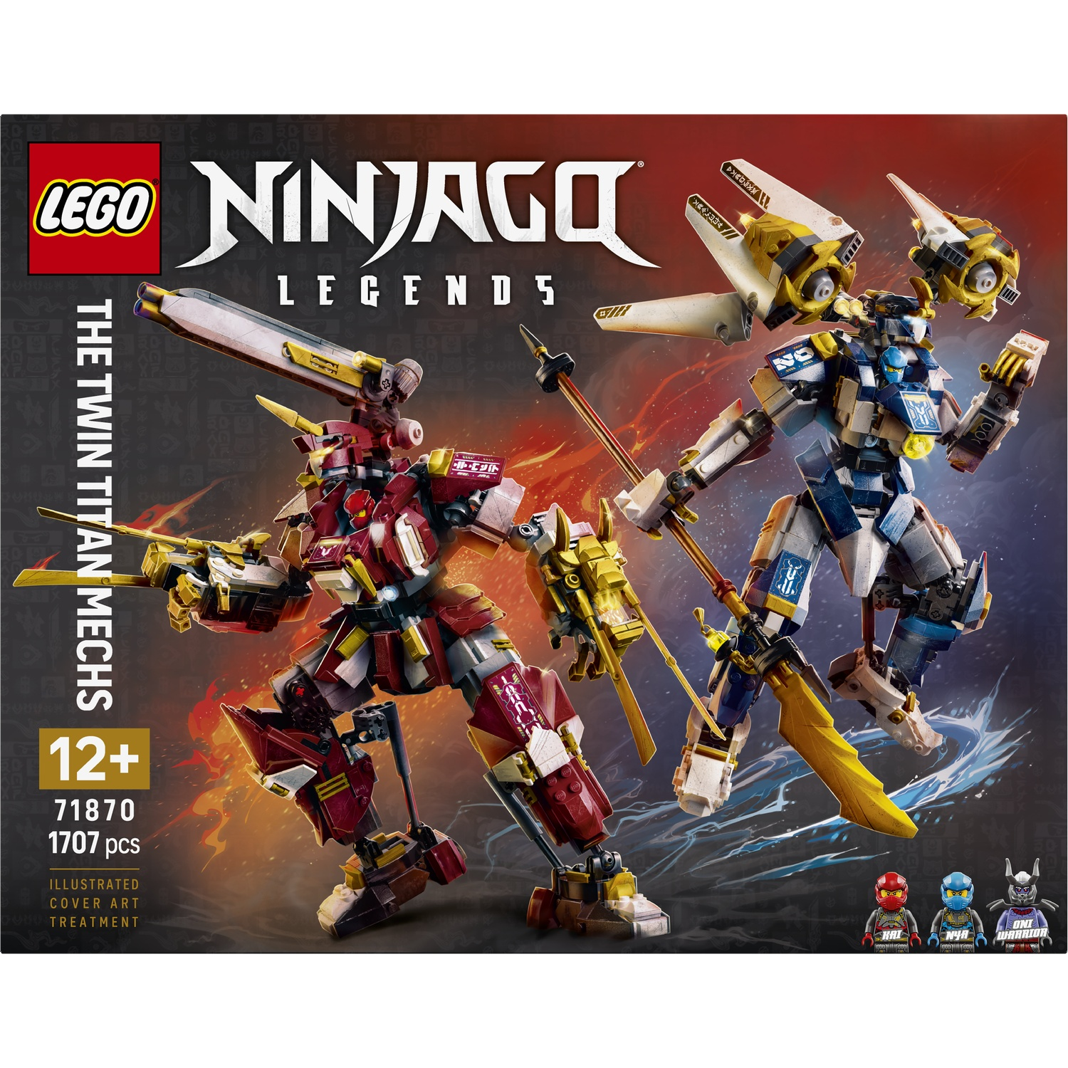 LEGO Ninjago Twin Titan Mechs with two robots, one red and one blue/yellow.
