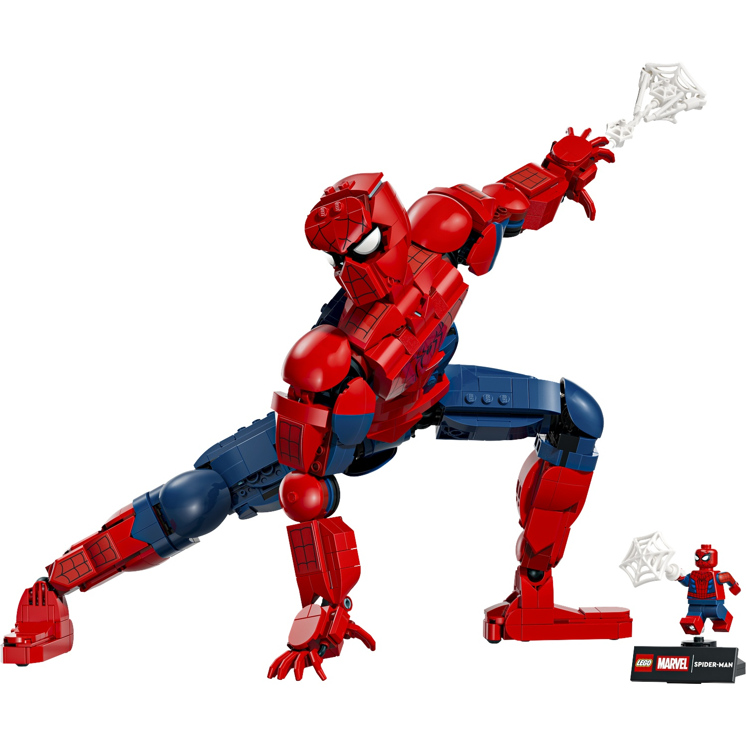 Red and blue Lego Spiderman in action pose with web, small Lego Spiderman nearby.
