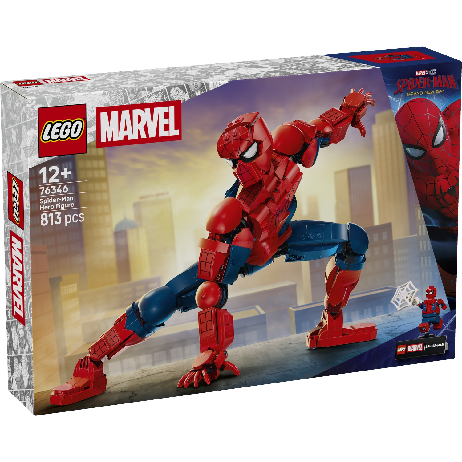 LEGO Spider-Man figure on box with city background.