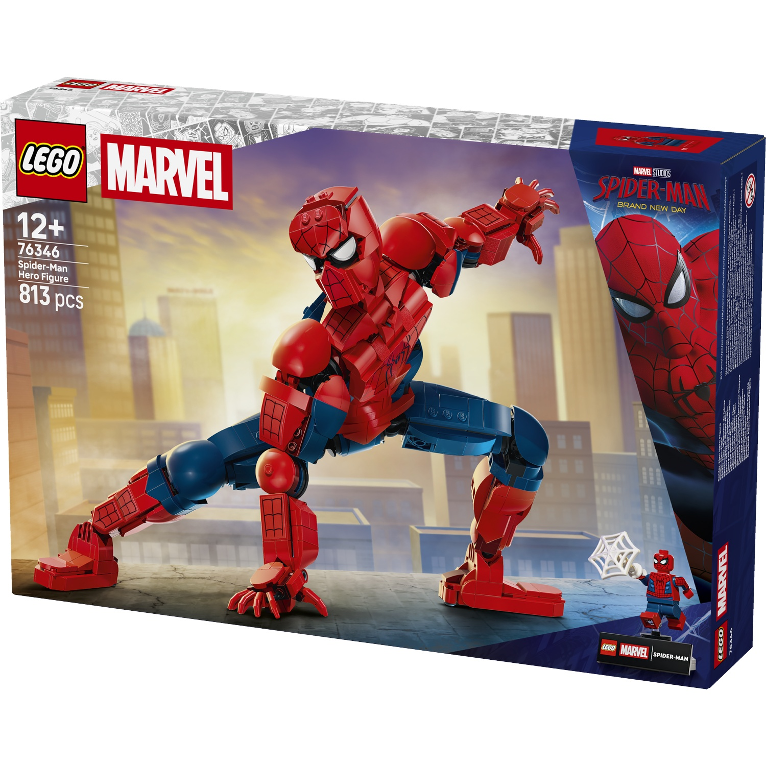 LEGO Spider-Man figure on a box with comic background and city skyline.