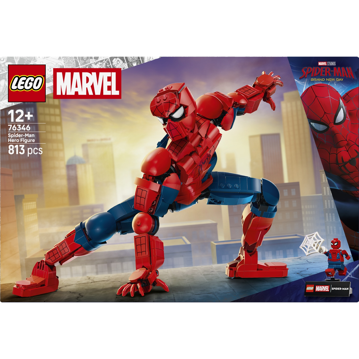A LEGO Spider-Man set featuring a large red and blue figure posing on a rooftop.