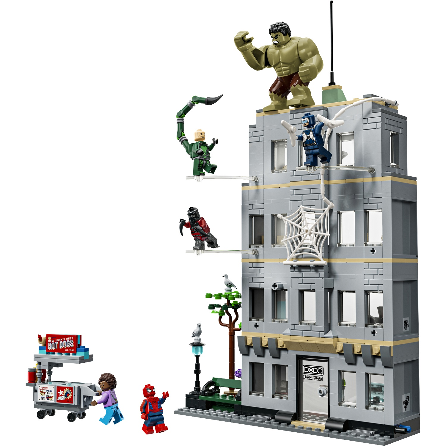 Lego building with superheroes: Hulk, Spiderman, Venom, Scorpion, and hot dog stand.