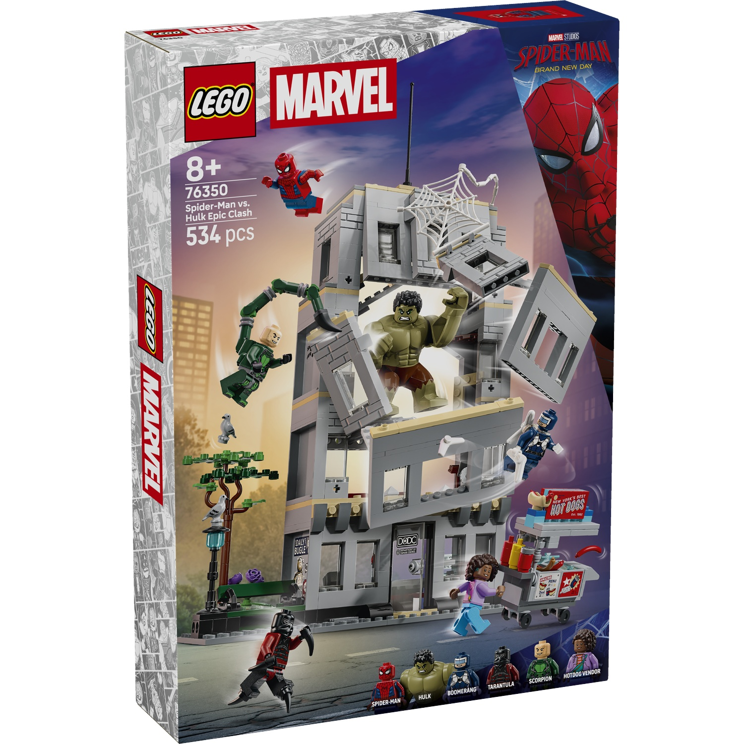 LEGO Marvel set box showing Spider-Man, Hulk, and villains fighting in a building.