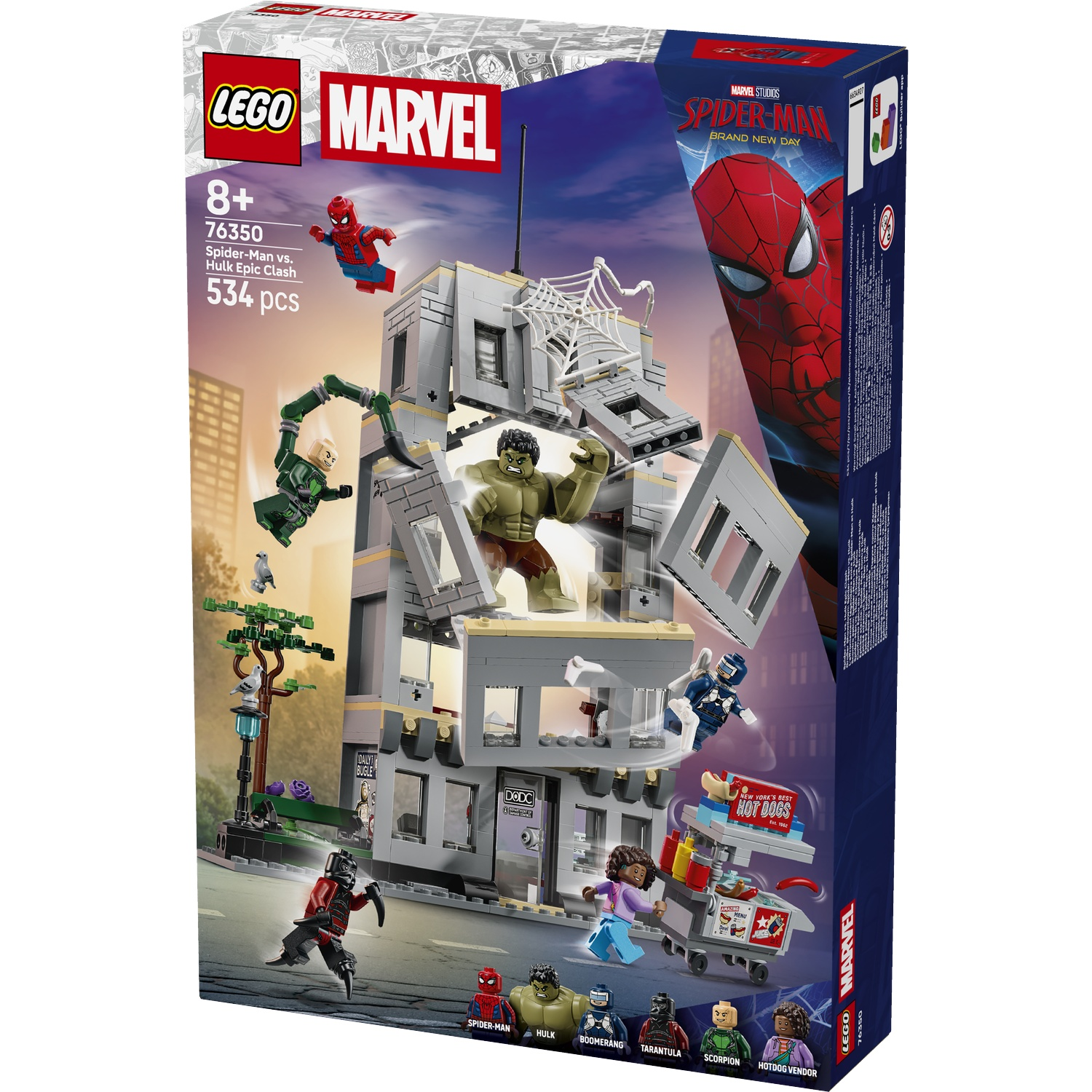 LEGO Marvel set: Spider-Man vs Hulk in a damaged building. Includes minifigures.