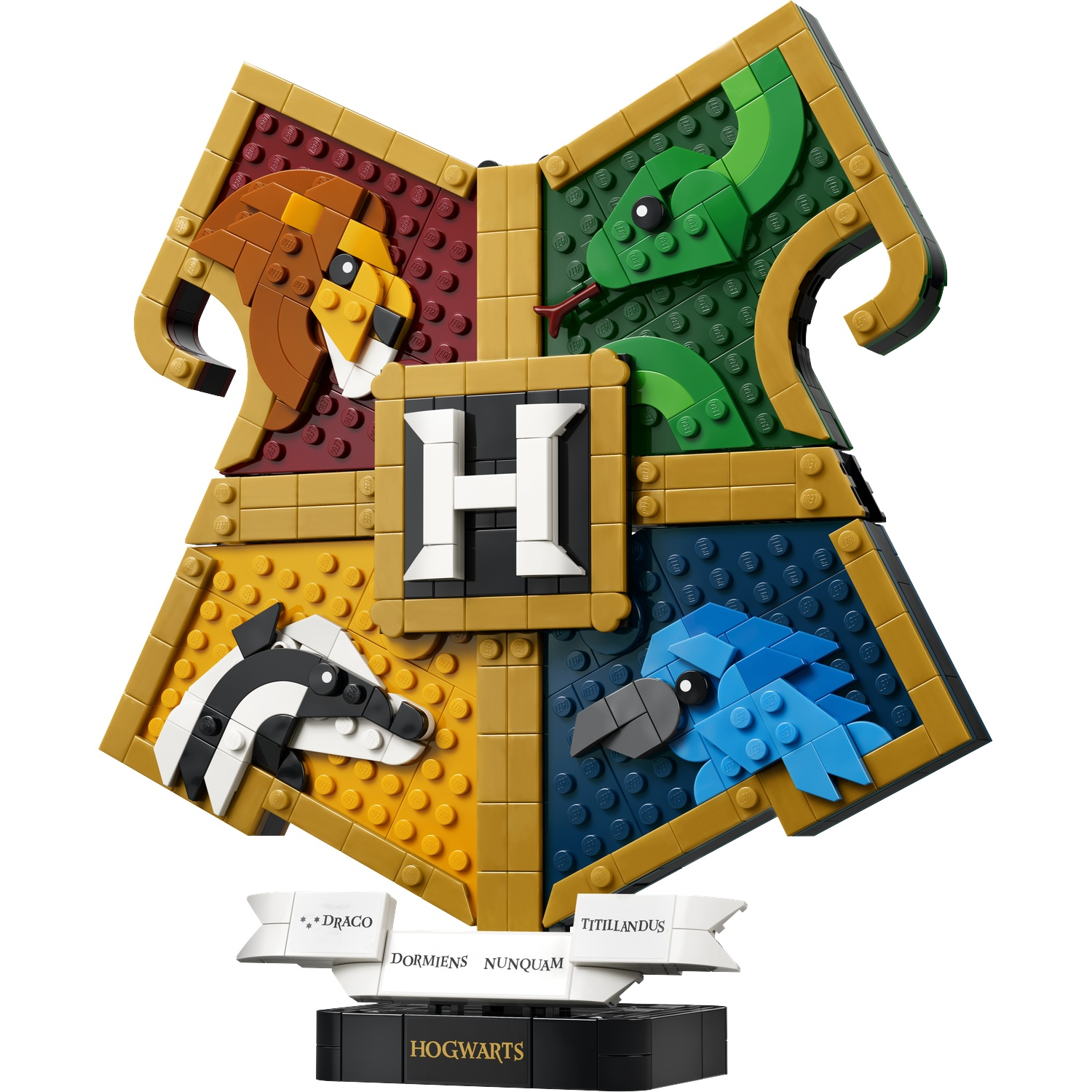 Lego Hogwarts crest with lion, snake, badger, eagle, and H emblem.