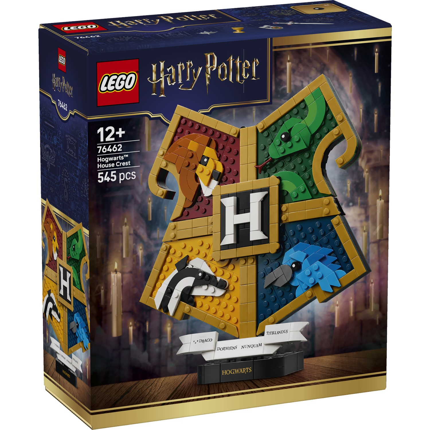 LEGO Harry Potter Hogwarts House Crest set with lion, snake, badger, and eagle symbols.