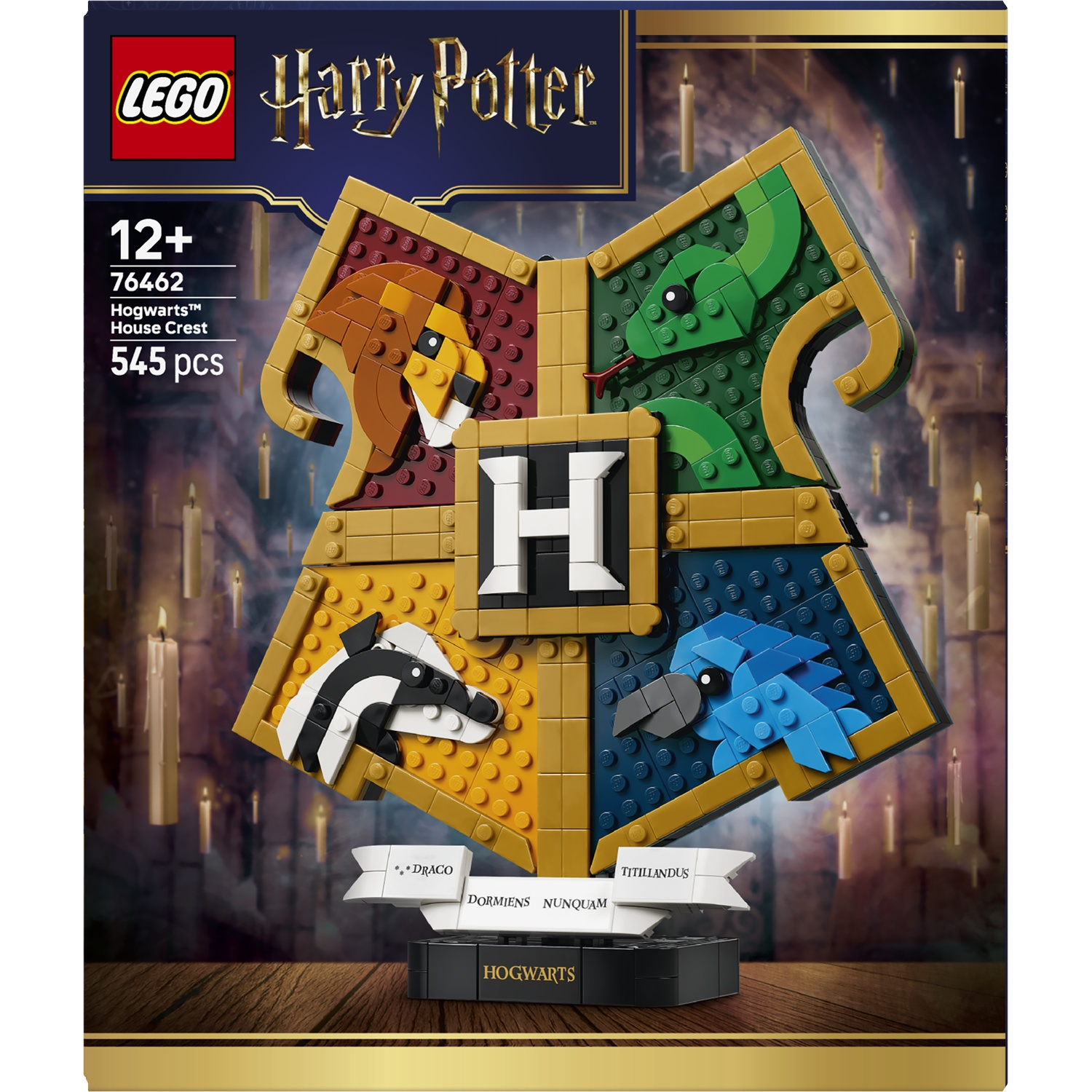 LEGO Harry Potter Hogwarts House Crest set featuring lion, snake, badger, and raven.