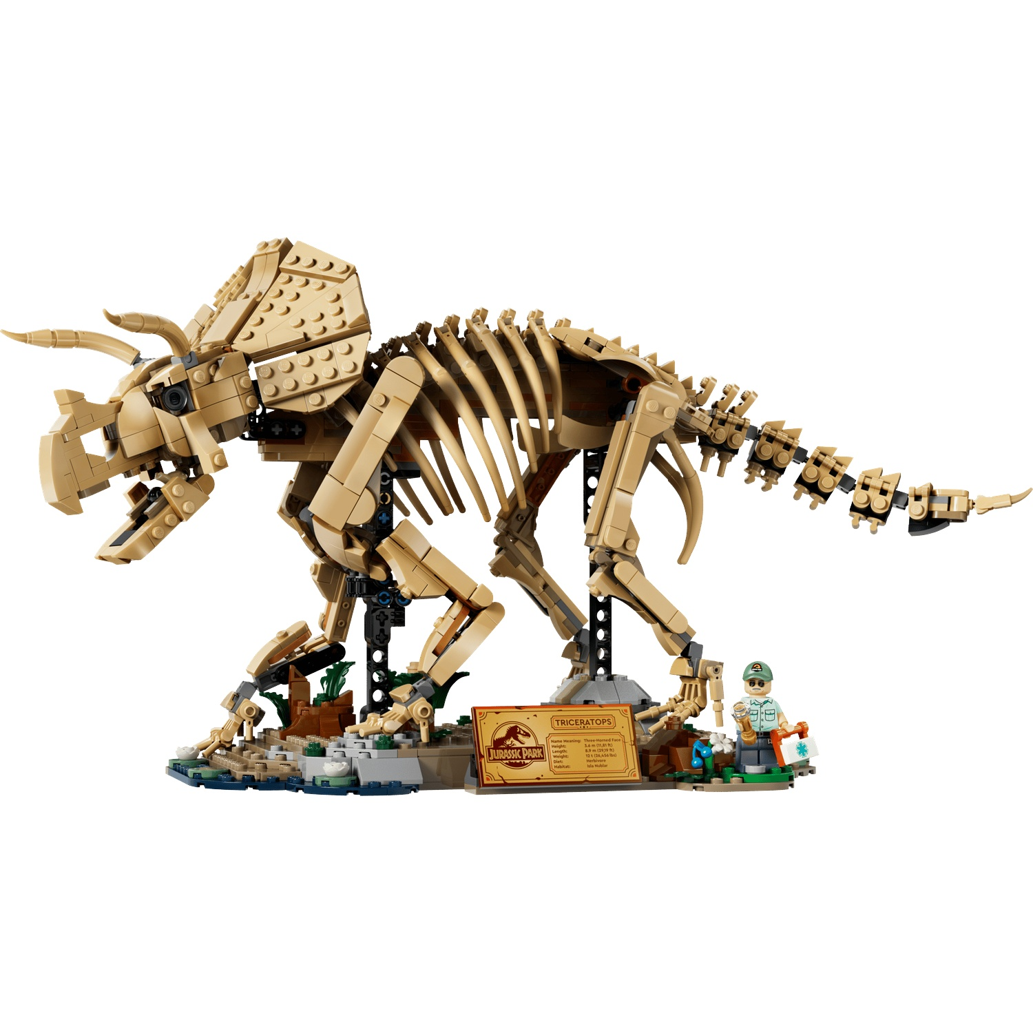 Lego Triceratops skeleton model with Jurassic Park sign and minifigure.
