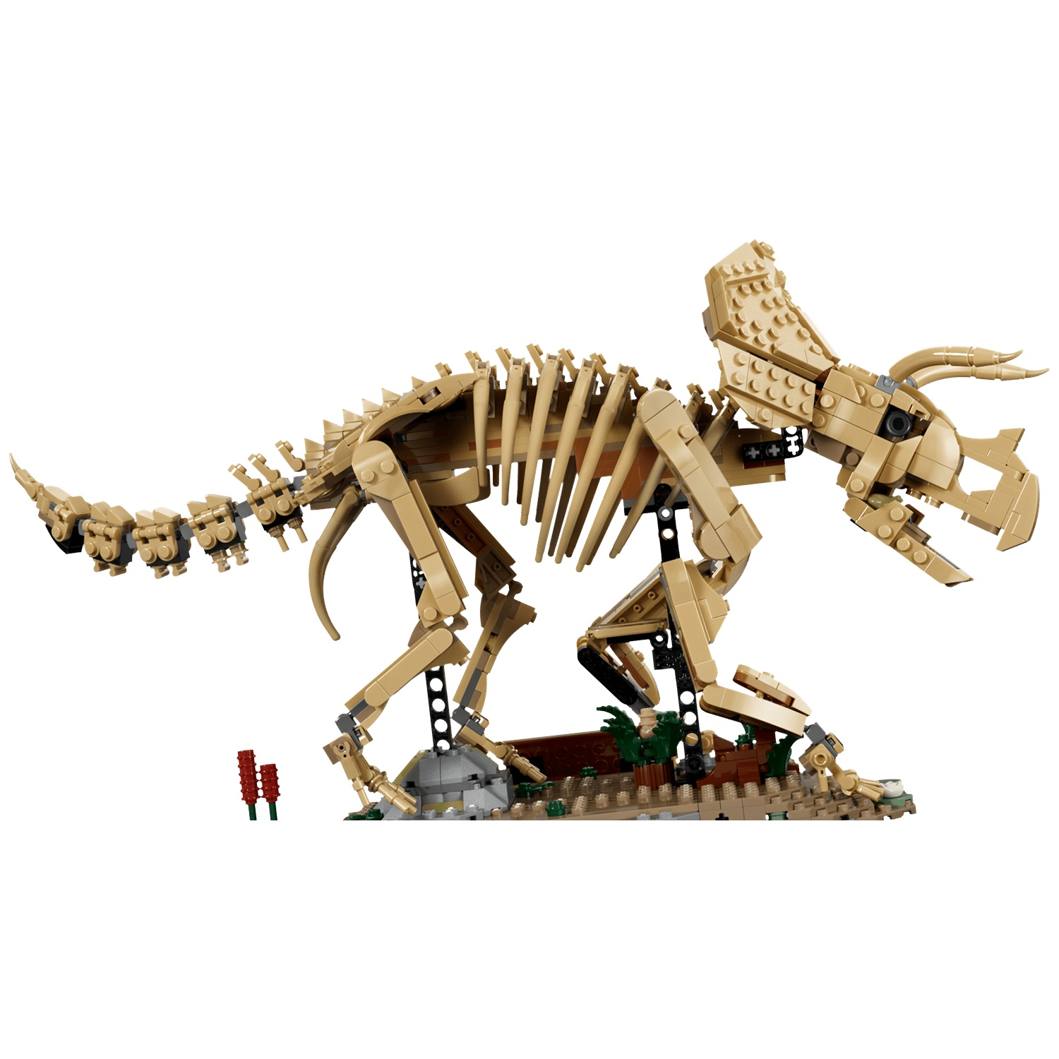 A detailed Lego model of a beige dinosaur skeleton.