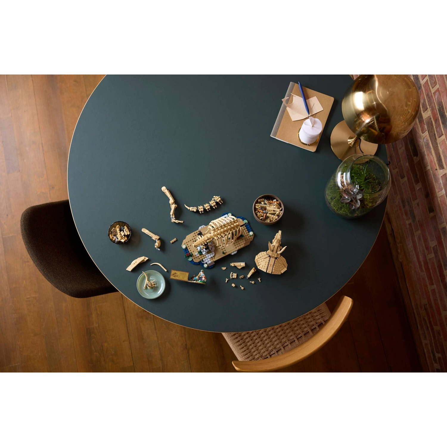 A table with Lego models including a dinosaur skeleton and a vehicle.