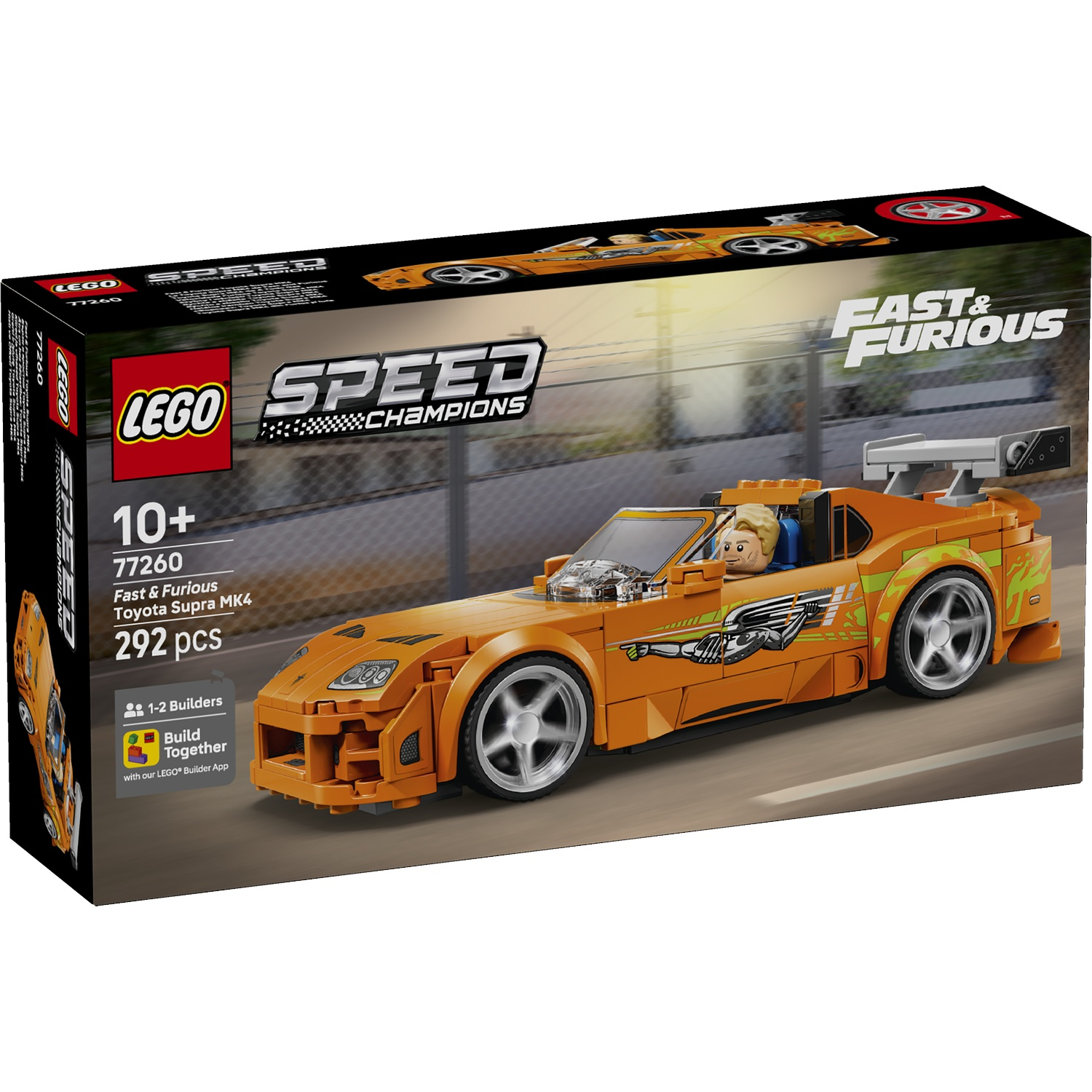 Boîte Lego Speed Champions Fast & Furious Toyota Supra MK4 avec voiture orange et conducteur.