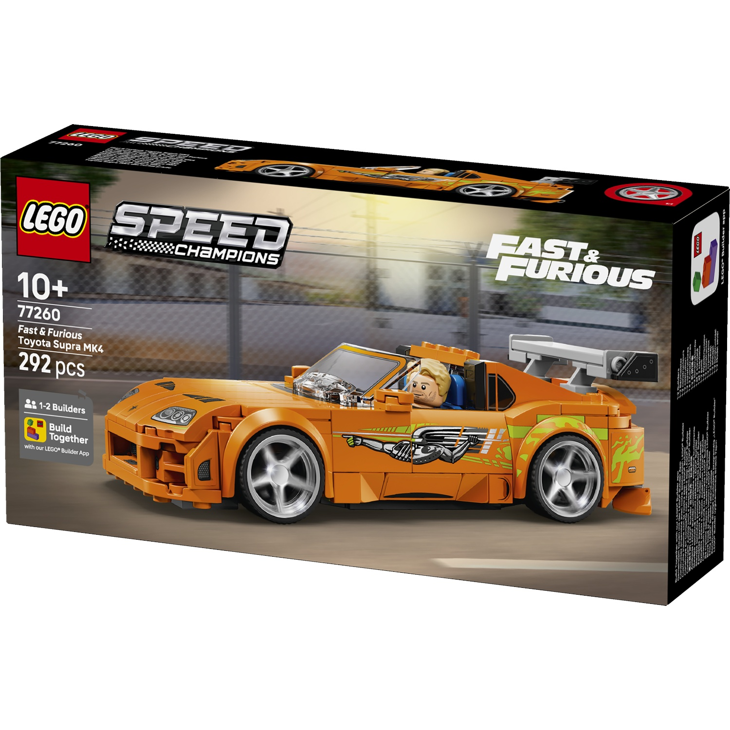 Boîte orange de voiture de course LEGO Fast & Furious Toyota Supra MK4 avec figurine.