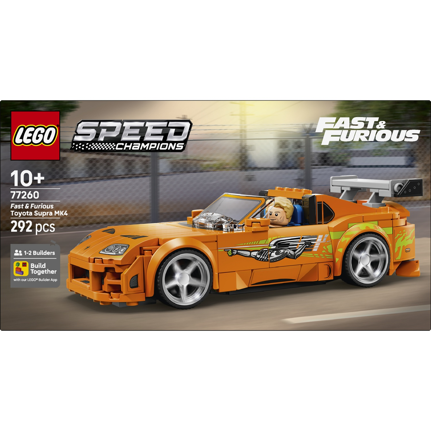 Lego Toyota Supra MK4 orange avec figurine et logo Fast & Furious.