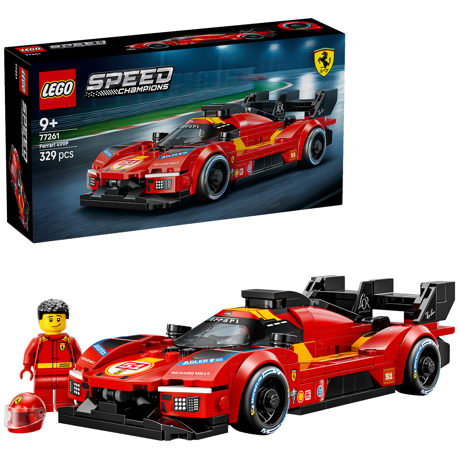 Set Lego Speed Champions Ferrari 499P avec figurine et casque sur fond noir.