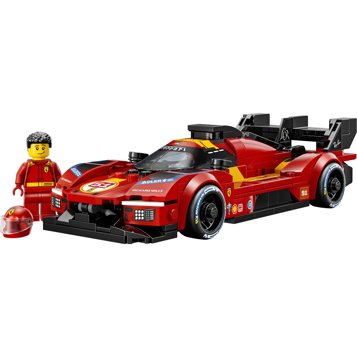 Voiture de course Ferrari Lego rouge avec pilote et casque. Fond blanc.