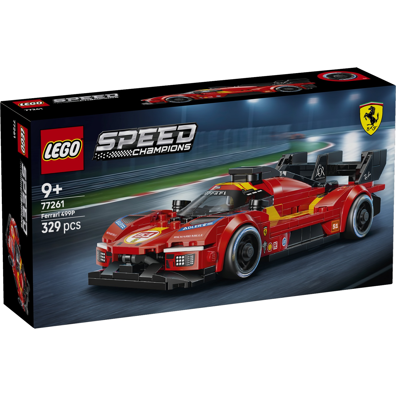 Boîte Lego Speed Champions Ferrari 499P avec une voiture de course rouge.