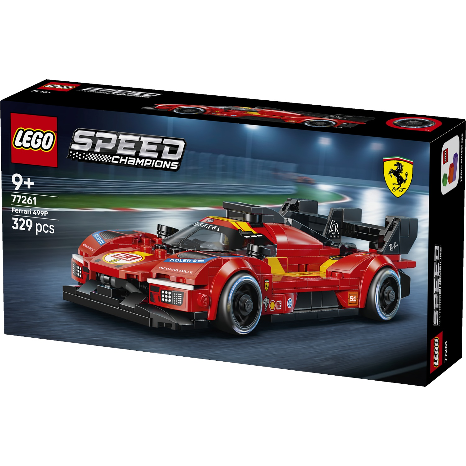 Boîte Lego Speed Champions Ferrari 499P avec une voiture de course rouge.
