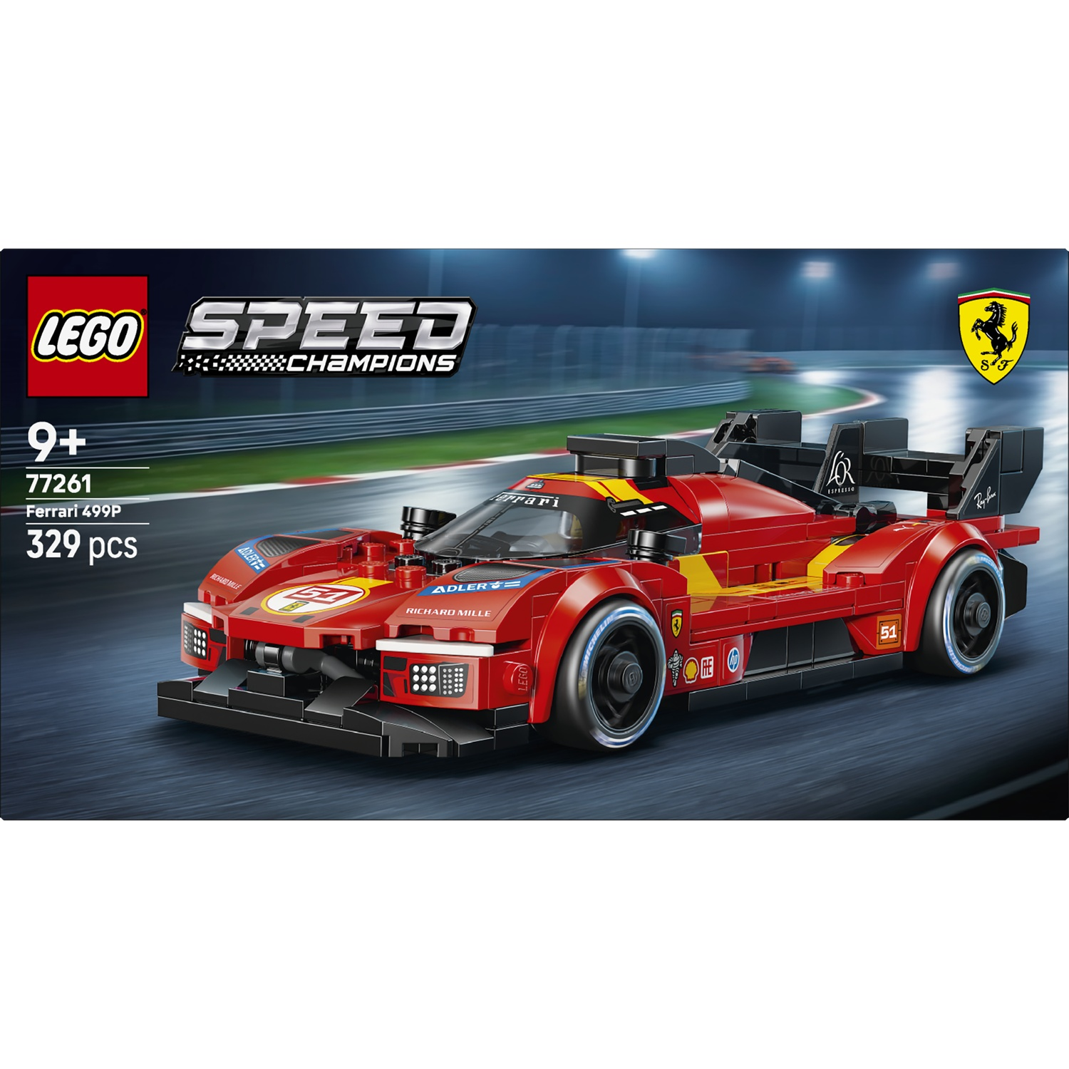 Une voiture de course Lego Ferrari rouge rayée de jaune sur un circuit.