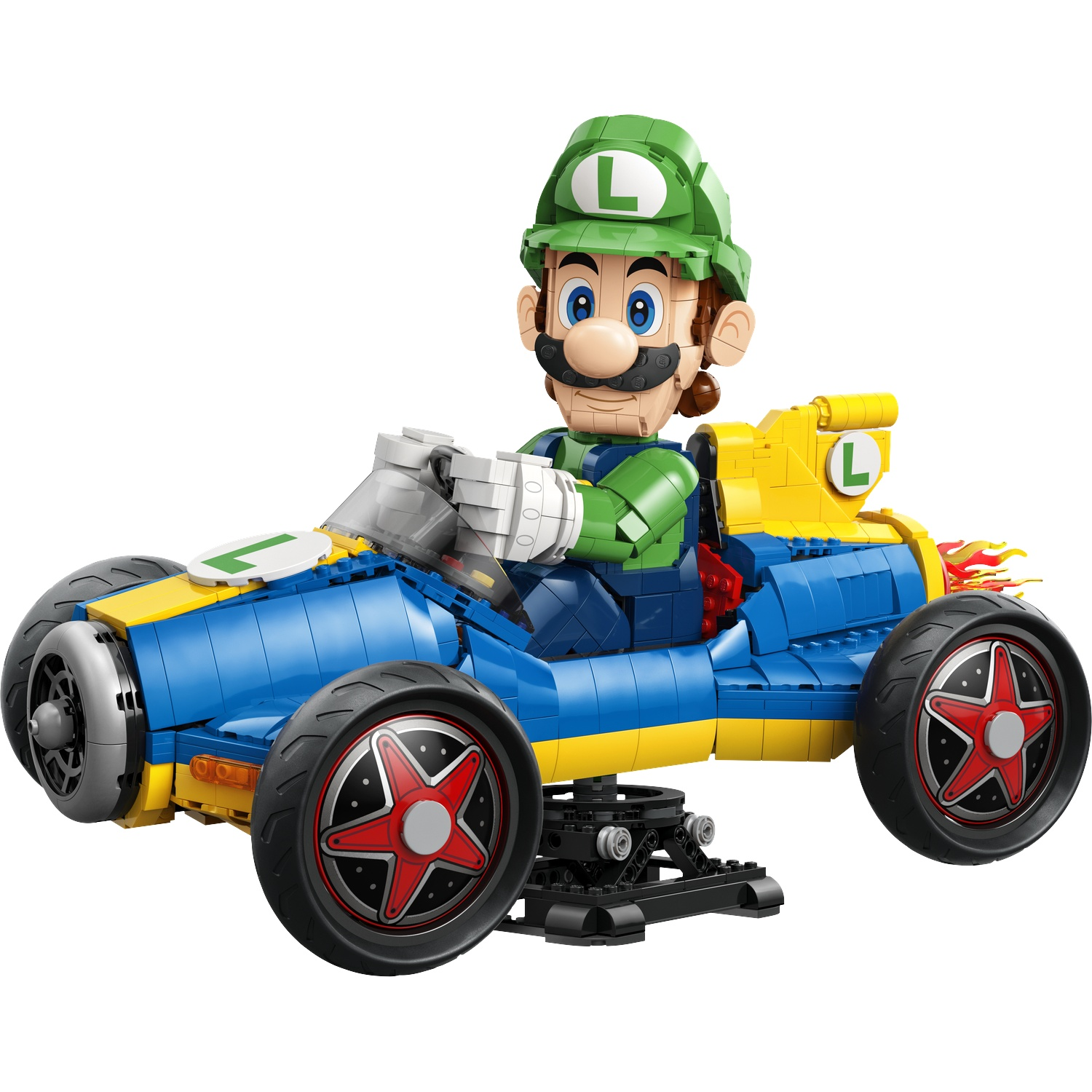 Luigi in a blue and yellow Lego racing kart with red wheels and flames.