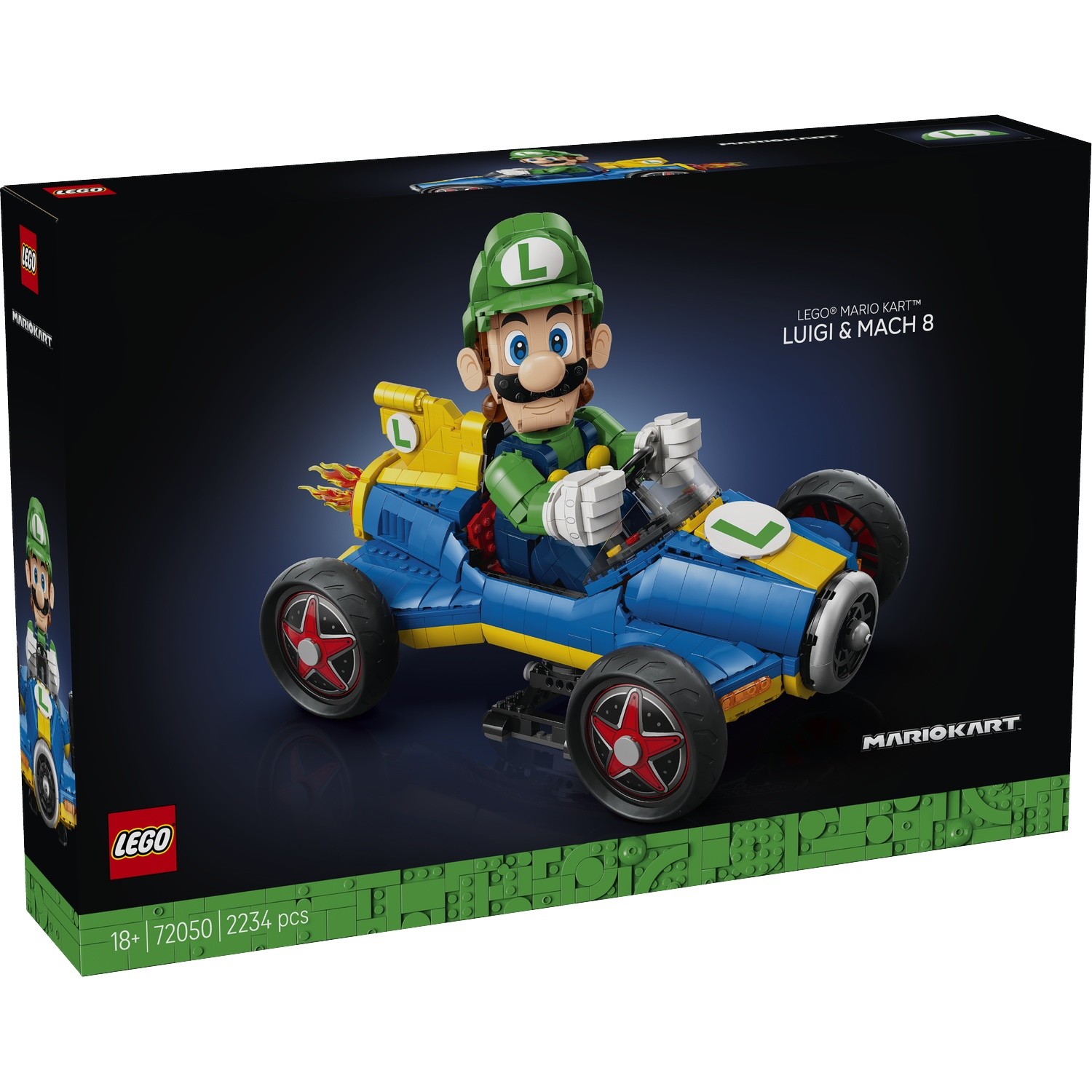 LEGO Mario Kart Luigi & Mach 8 box art. Luigi in a blue and yellow kart with red wheels.