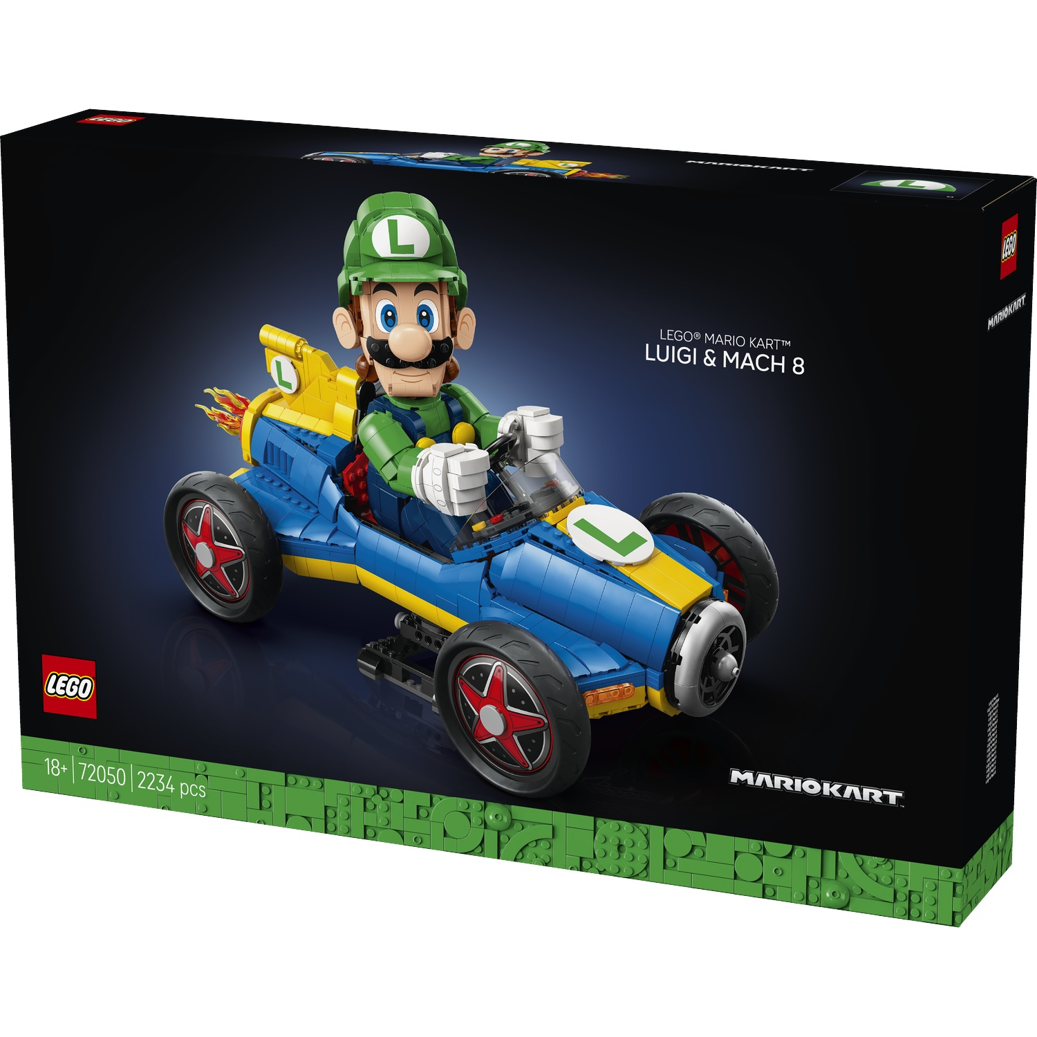 LEGO Mario Kart Luigi & Mach 8 set. Luigi is driving a blue and yellow kart with red wheels.