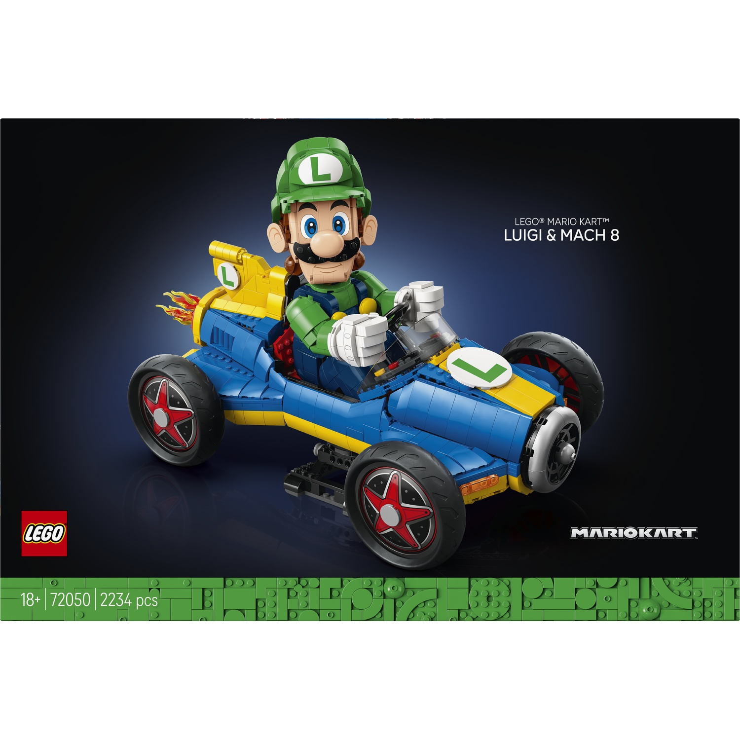 Luigi in a LEGO Mario Kart Mach 8 with flames, on a dark background.