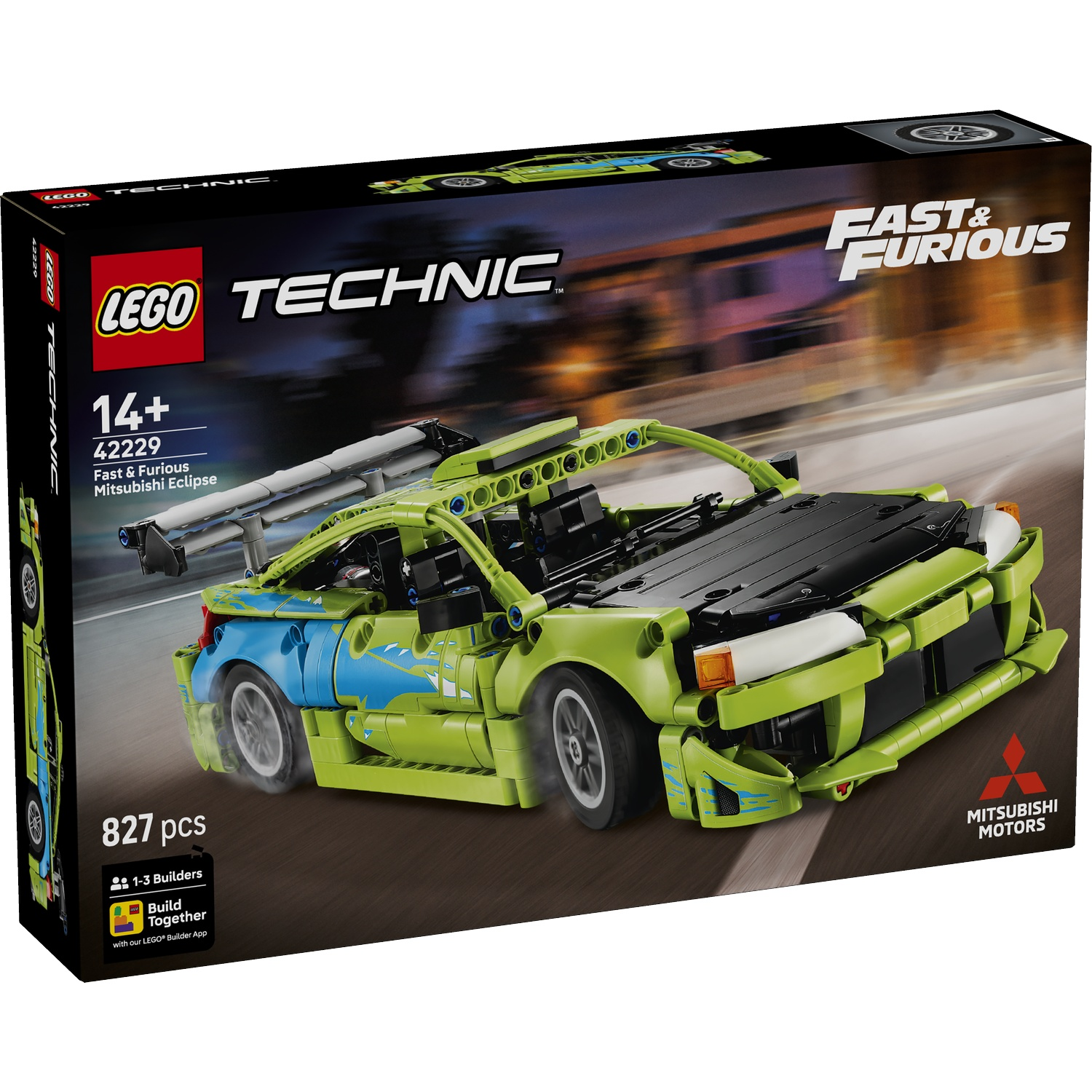 LEGO Technic Set: Green Mitsubishi Eclipse race car with blue accents.