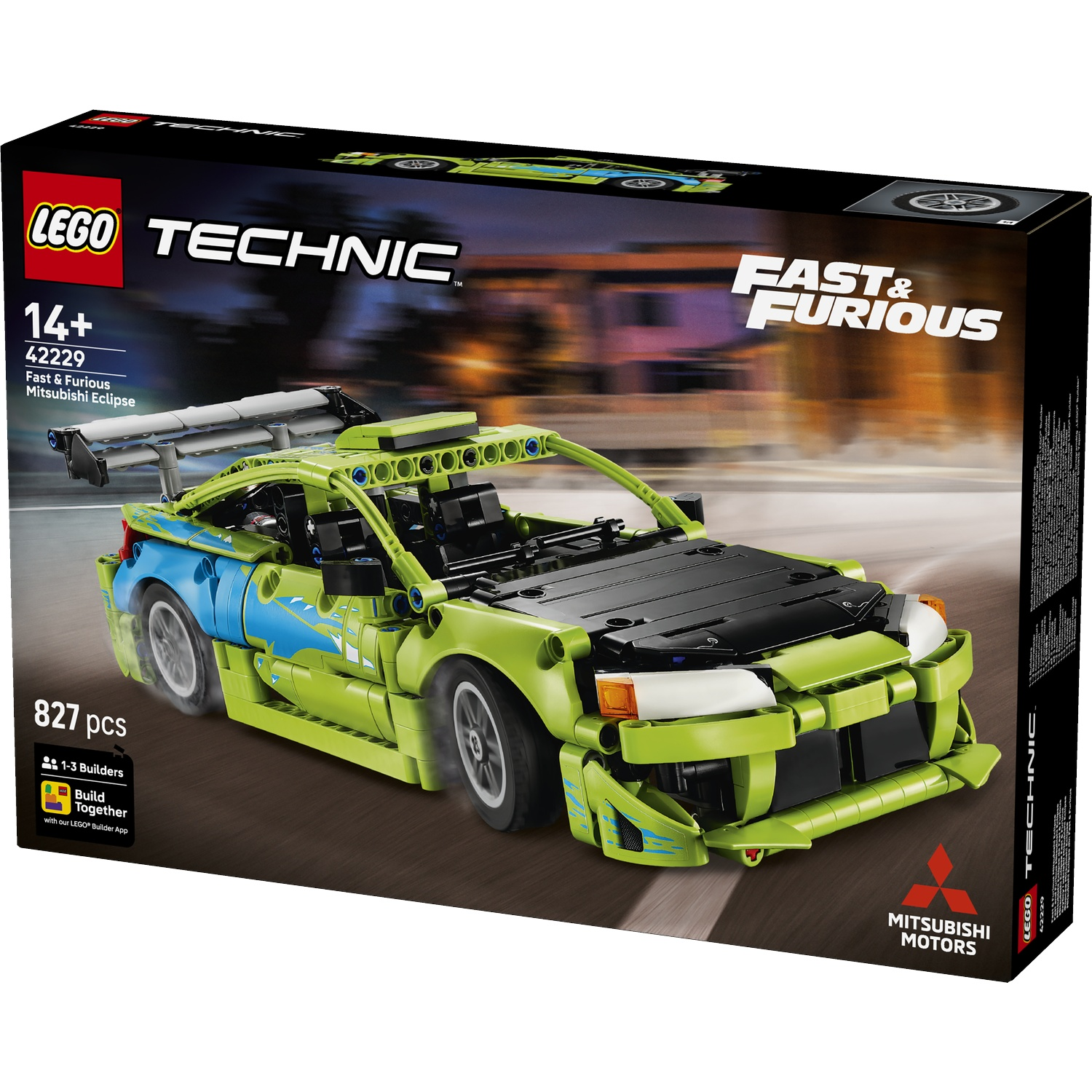 LEGO Technic Fast & Furious Mitsubishi Eclipse set, 827 pcs, green and blue.