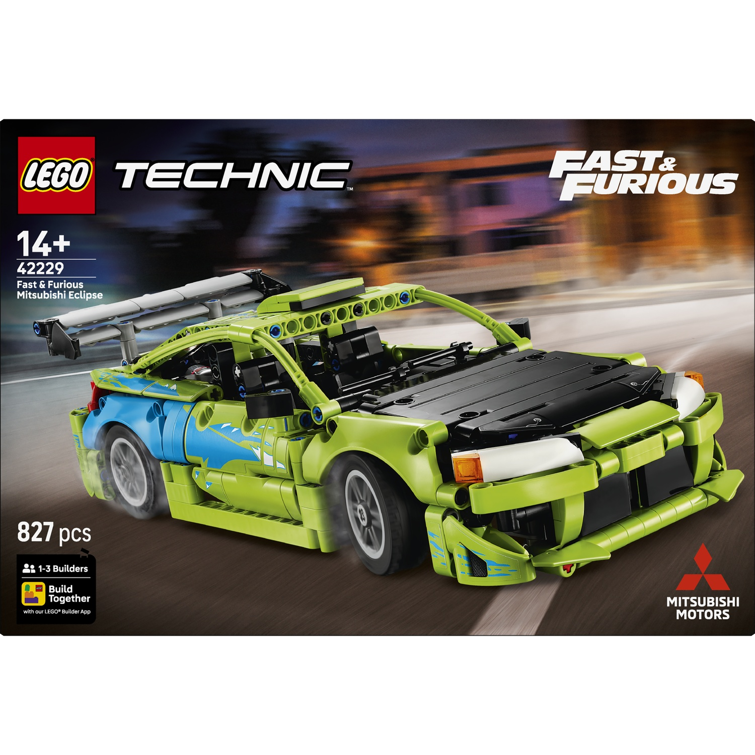 Lego Technic Fast & Furious Mitsubishi Eclipse with green and blue decals.