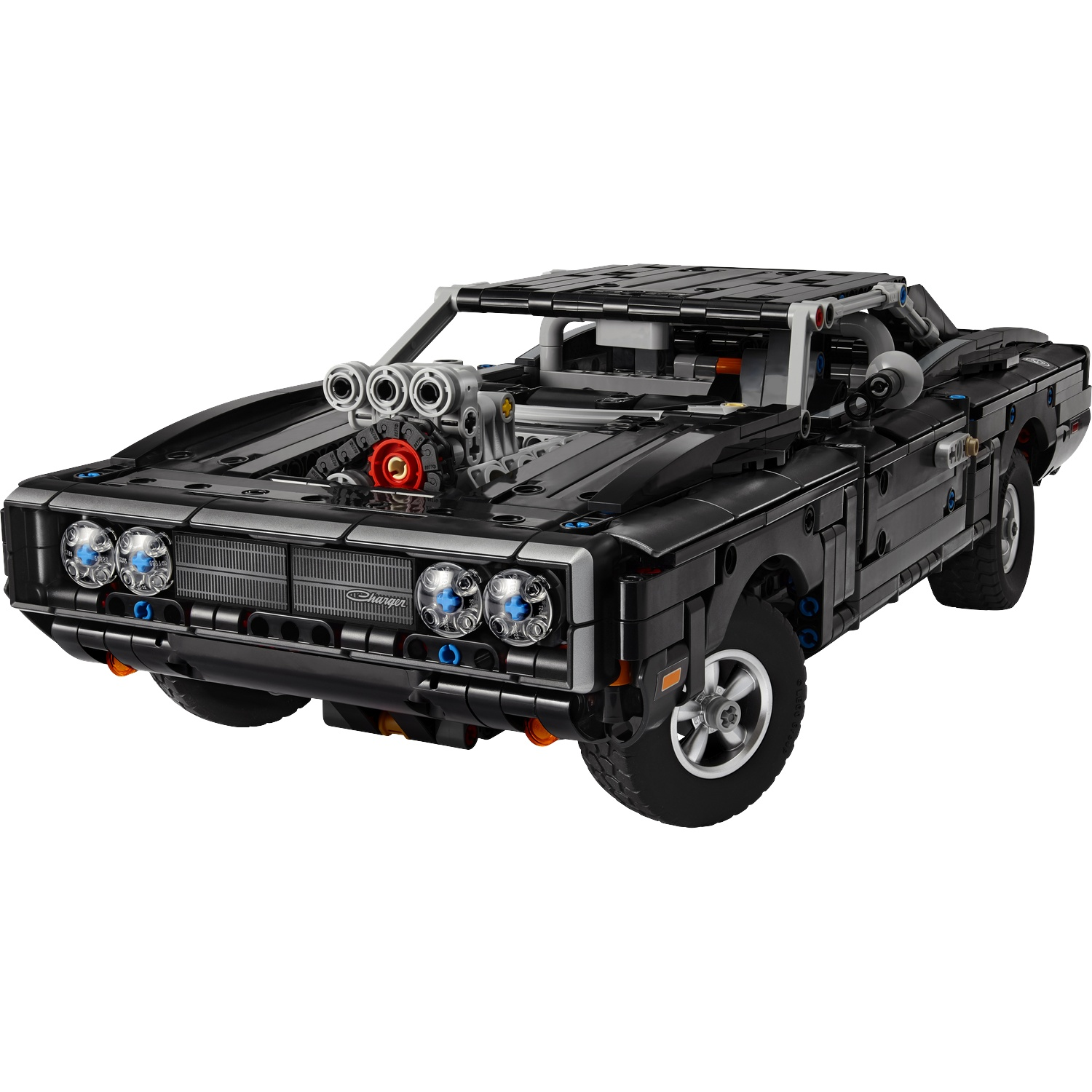 A black Lego Technic Dodge Charger with a prominent engine and blue headlights.