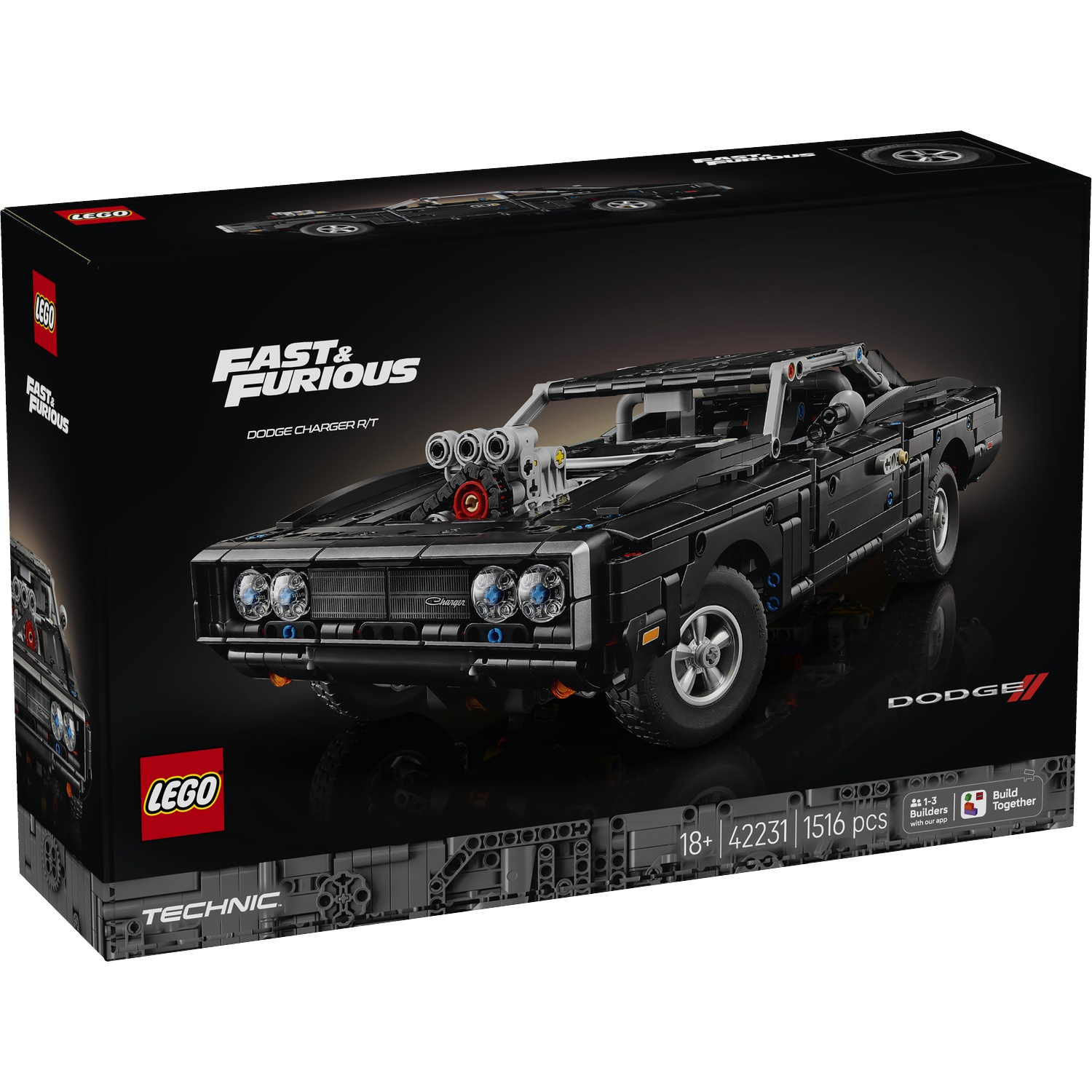 Lego Technic Fast & Furious Dodge Charger R/T box art, black car with exposed engine.