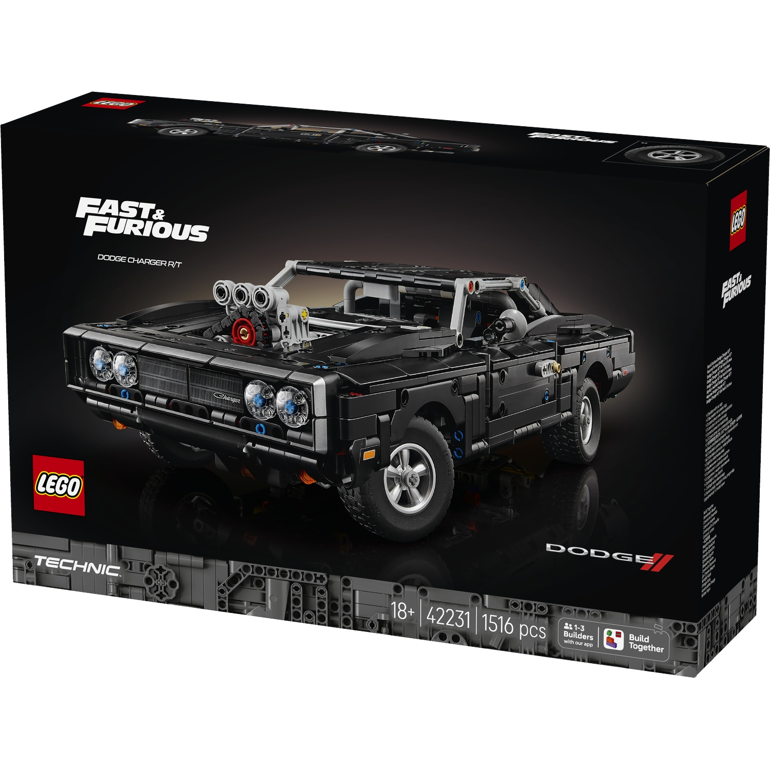 Lego Technic Fast & Furious Dodge Charger R/T box. Black car model with engine.