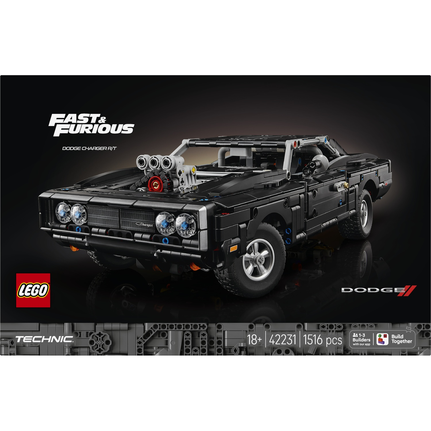 Black Lego Technic Dodge Charger R/T from Fast & Furious with engine.