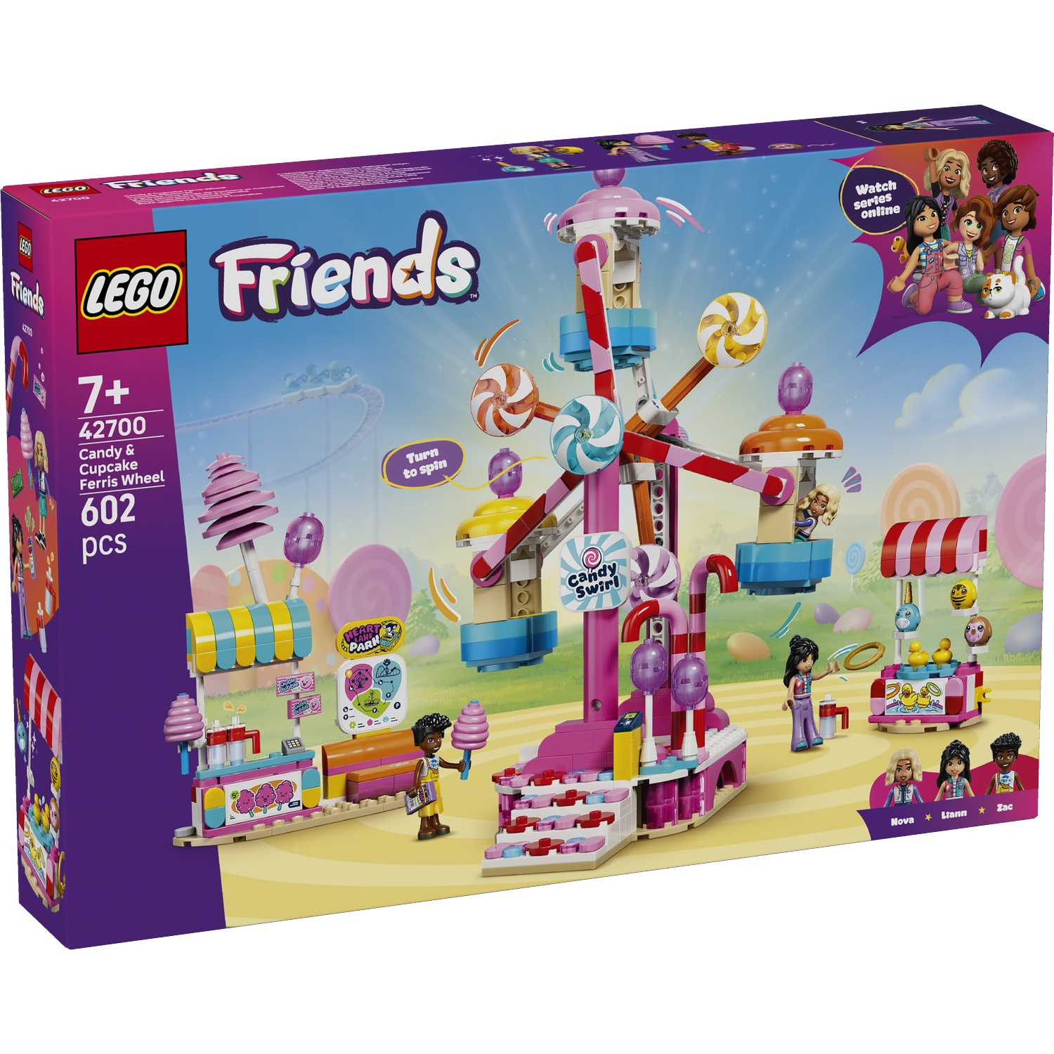 LEGO Friends Ferris Wheel set with stalls and figures.