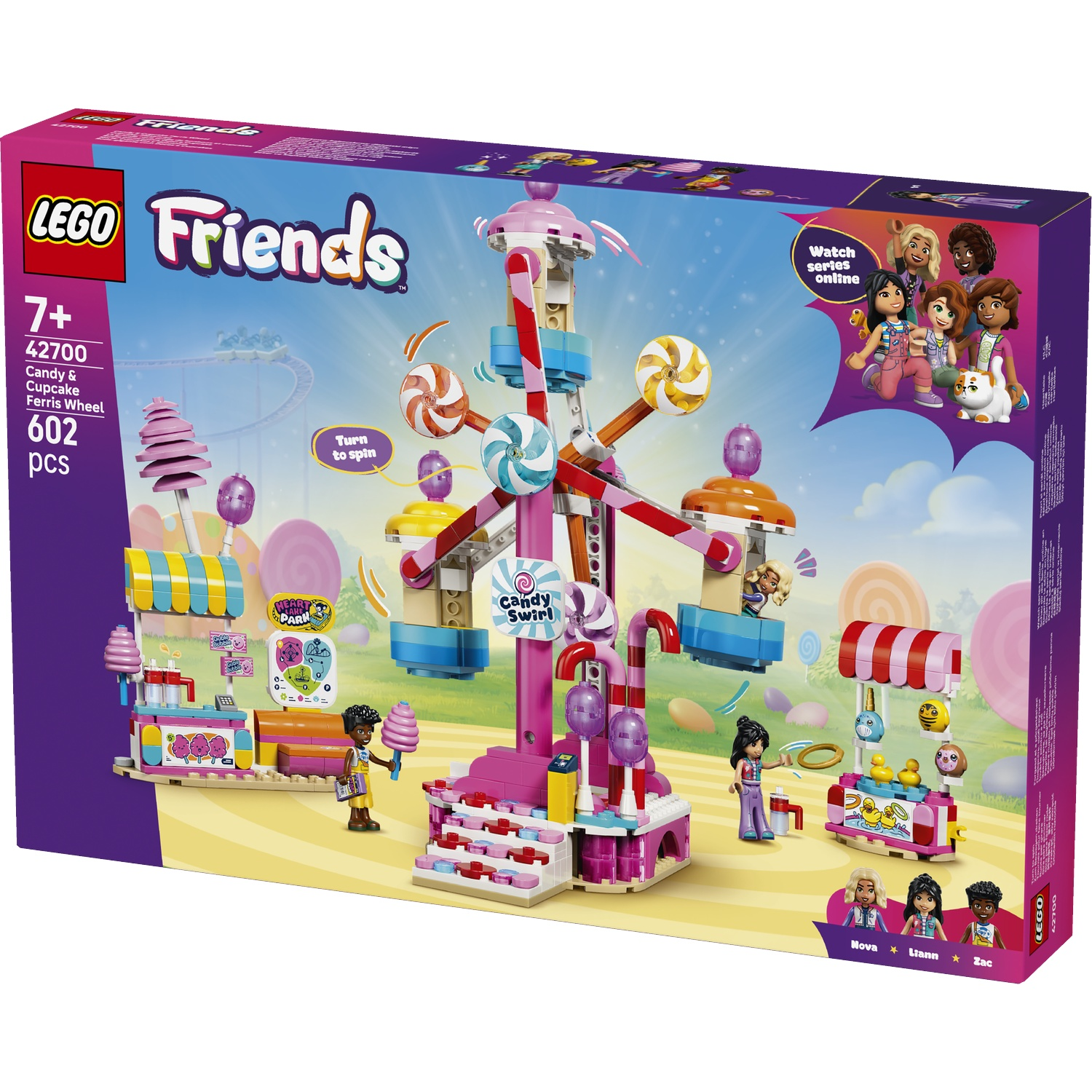 Lego Friends Candy & Cupcake Ferris Wheel toy set with figures and rides.