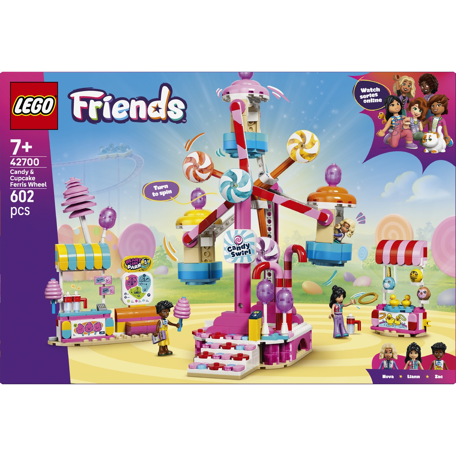 Lego Friends toy: Candy & Cupcake Ferris Wheel with figures and game stalls.