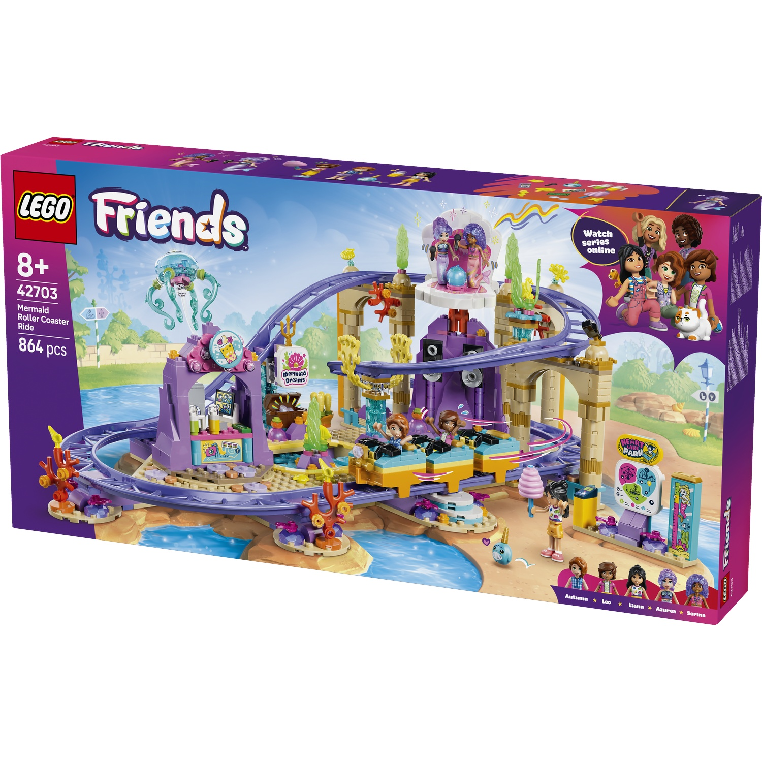 LEGO Friends Mermaid Roller Coaster Ride set with purple tracks, figures and a jellyfish.