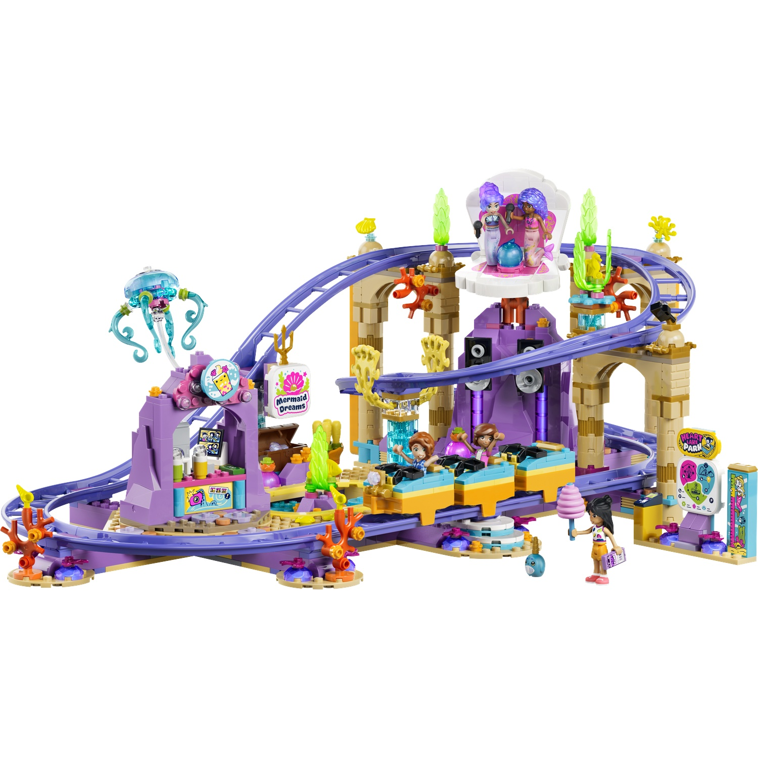 Lego roller coaster with mermaid figures, purple tracks, tan supports, and decorations.