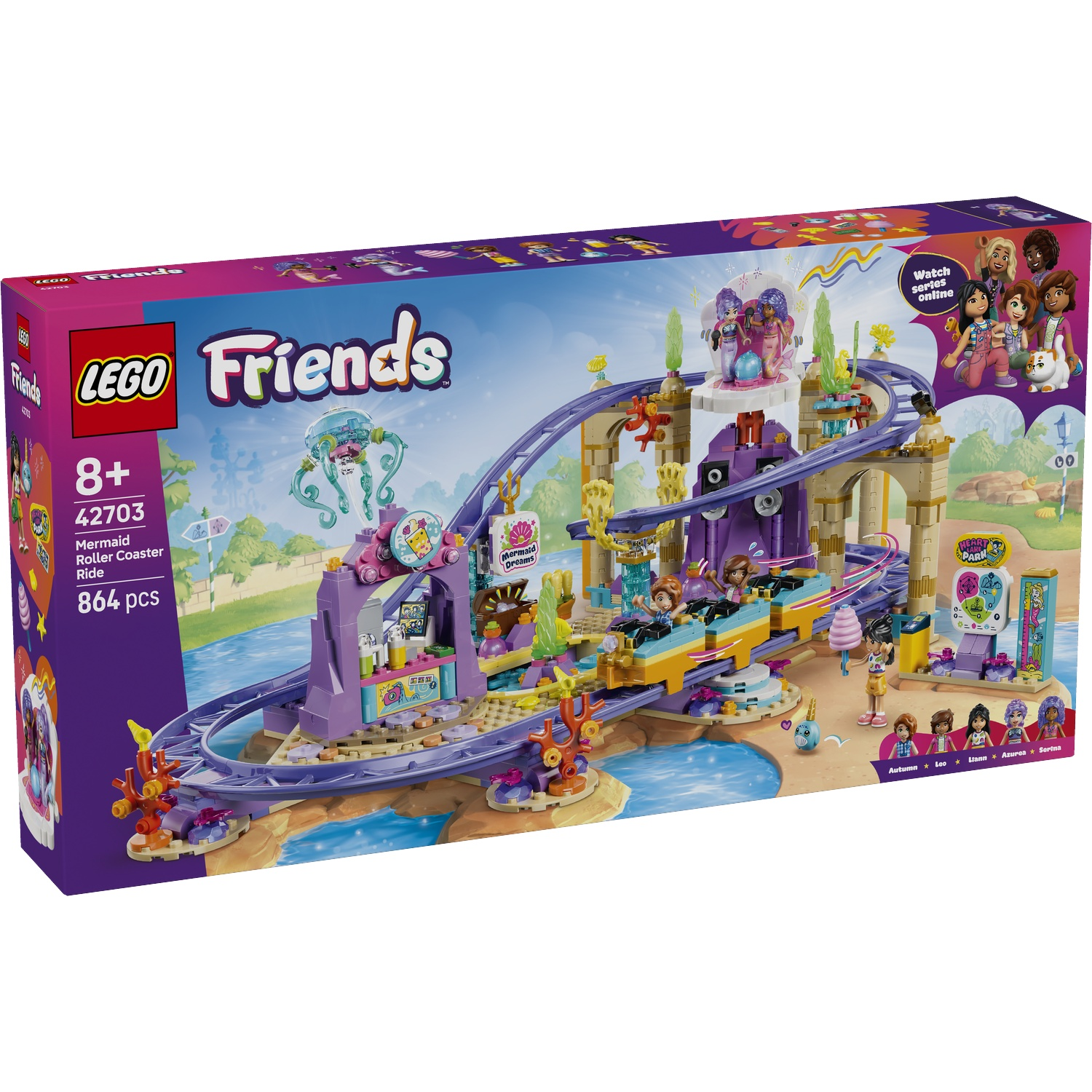 Lego Friends Mermaid Roller Coaster set with figures, tracks, and decorations.