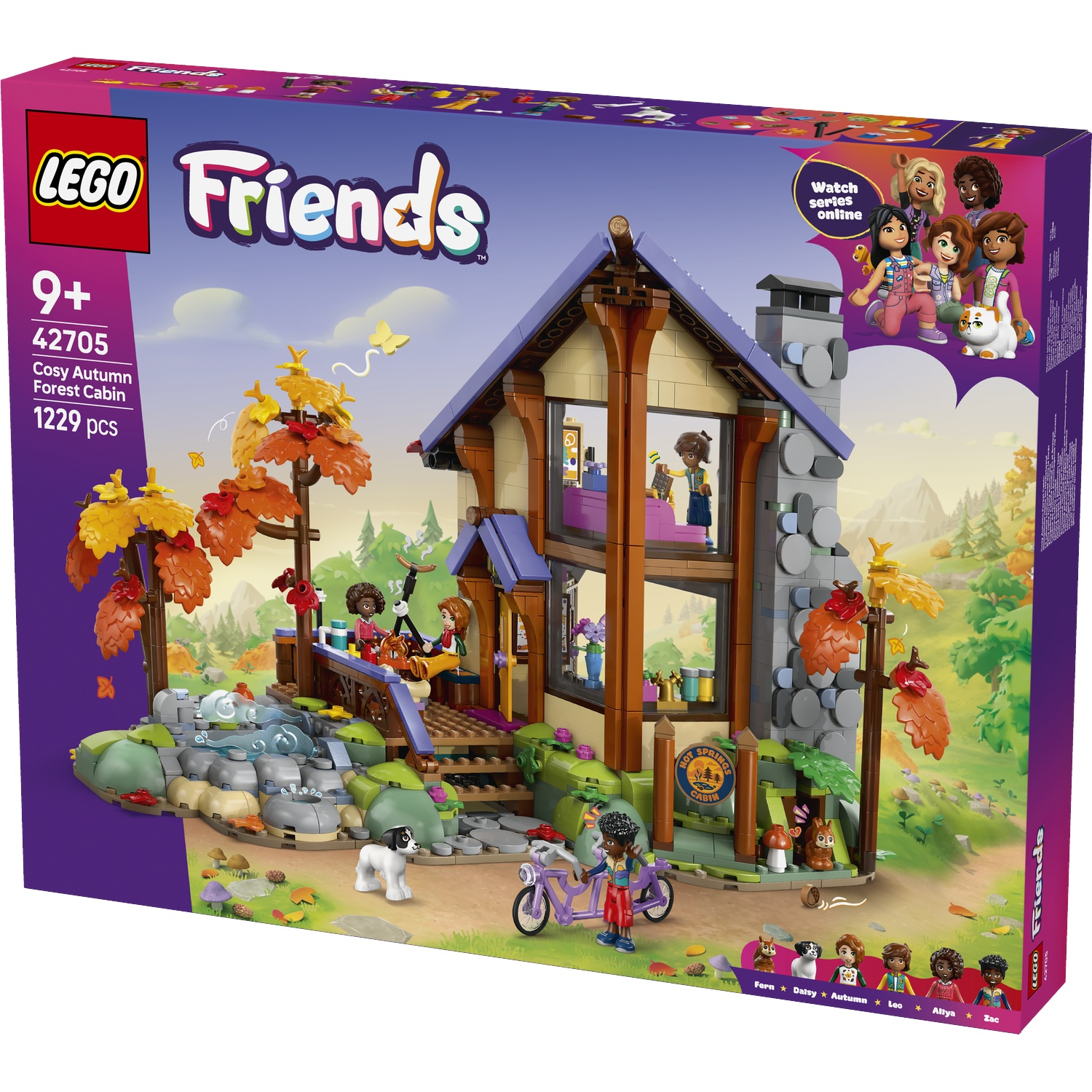 LEGO Friends Cosy Autumn Forest Cabin set with figures, cabin, and nature scene.
