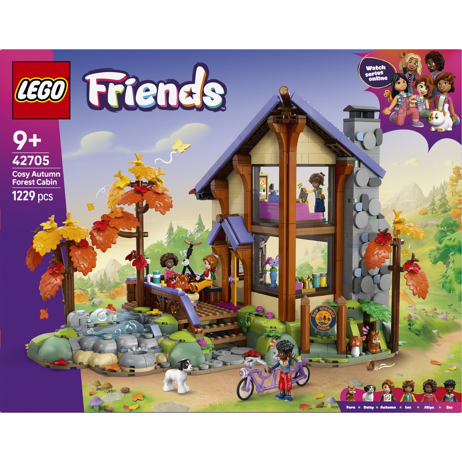 LEGO Friends Cosy Autumn Forest Cabin set with figures and bike.