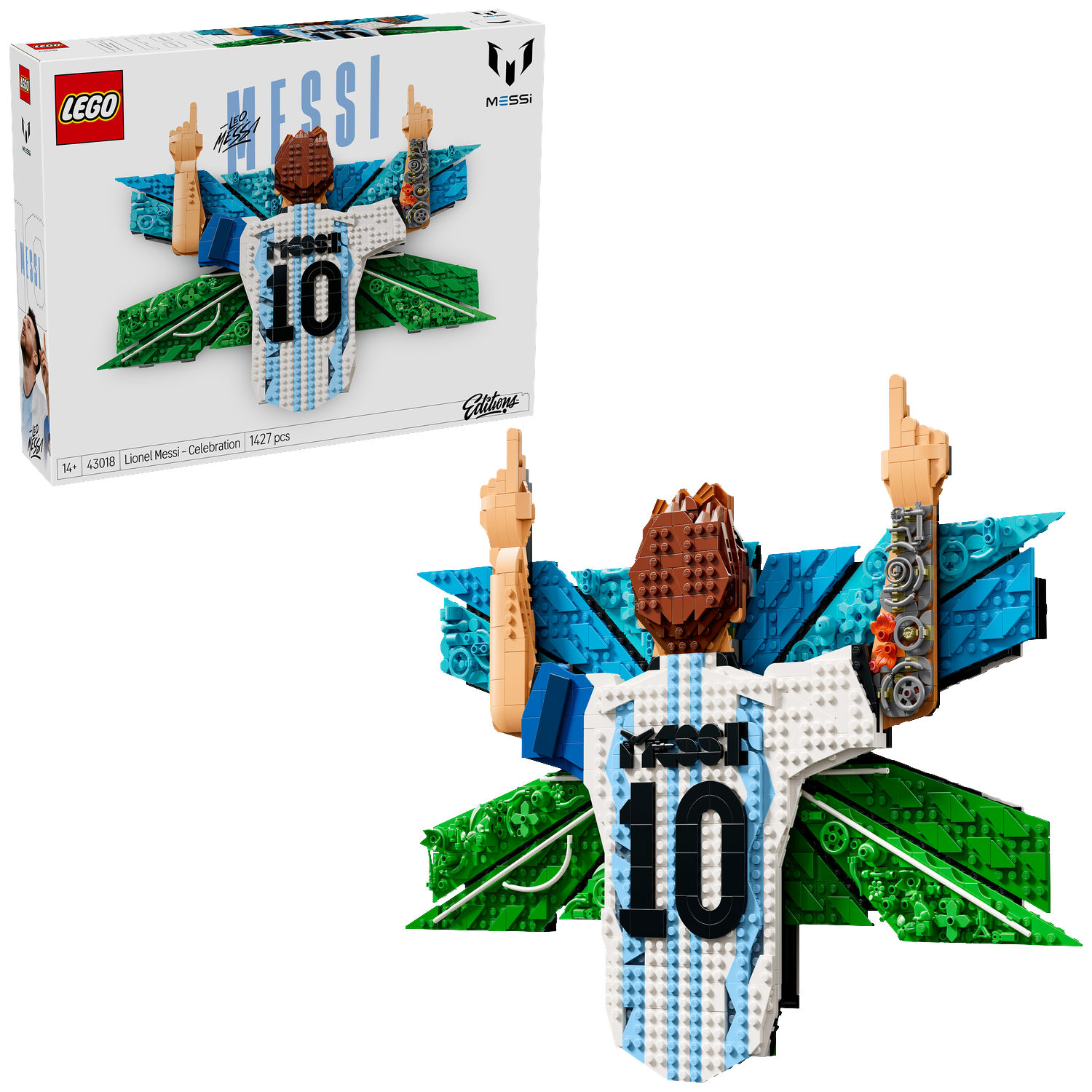 LEGO-model van Lionel Messi in shirt 10, met vleugels van groene en blauwe stenen.