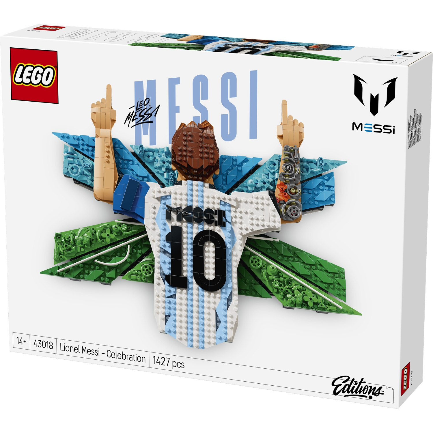 LEGO-doos met Lionel Messi shirt en armen die naar 10 wijzen.