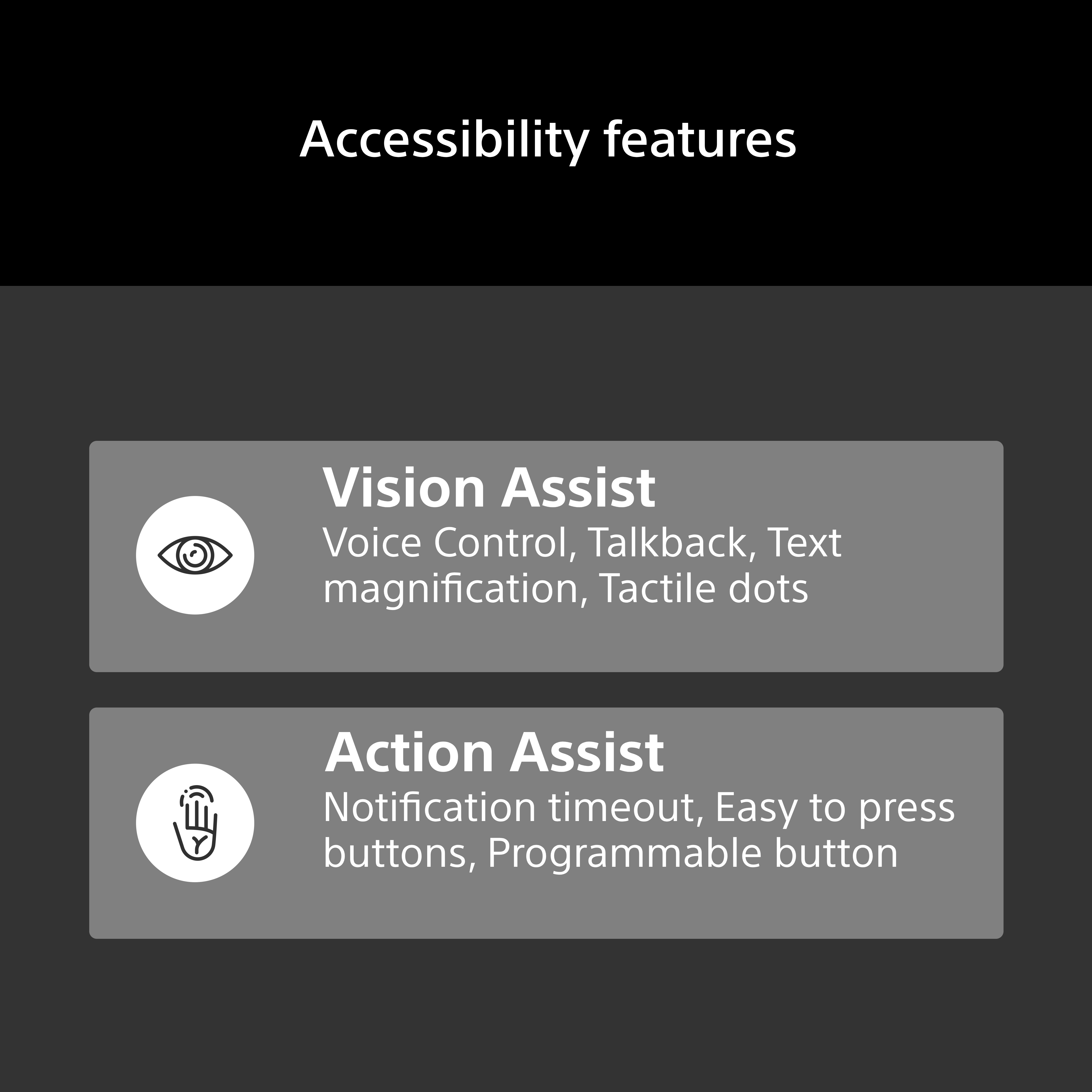 Fonctionnalités d'accessibilité : Aide visuelle et aide à l'action avec diverses options.