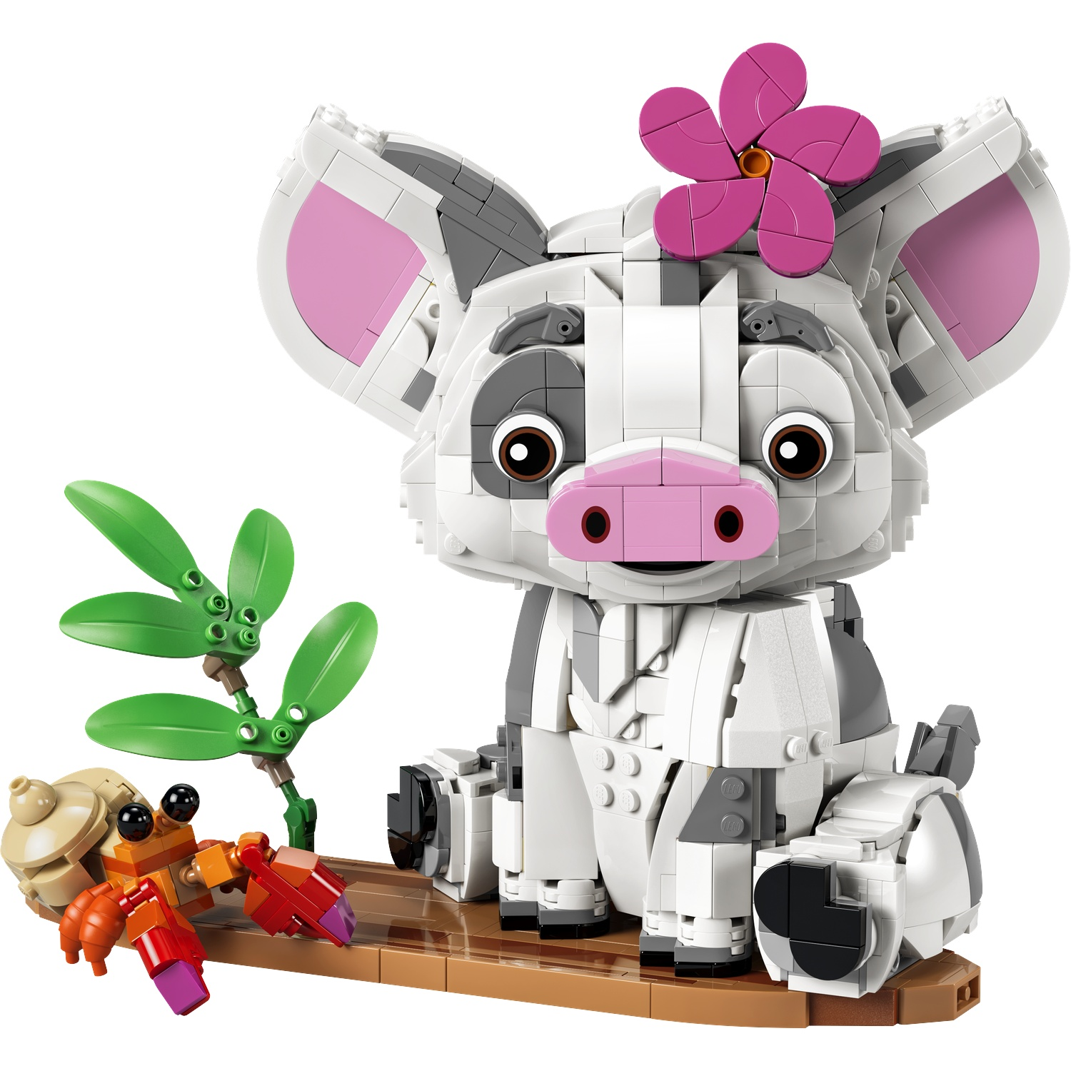 Een Lego-model van een varken met een bloem in het haar en een krab.