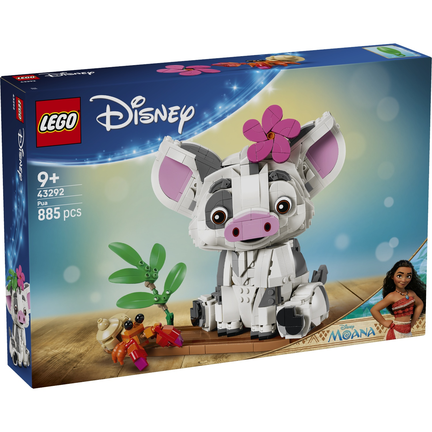 LEGO Disney Pua bouwset met Moana en een krab op een houten platform.