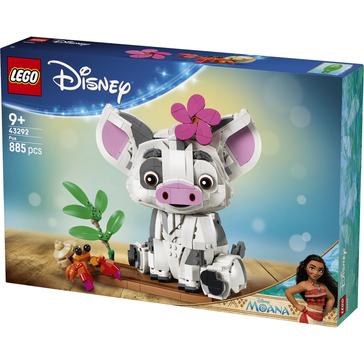 LEGO Disney Pua varkensset met Moana en krab op houten ondergrond.