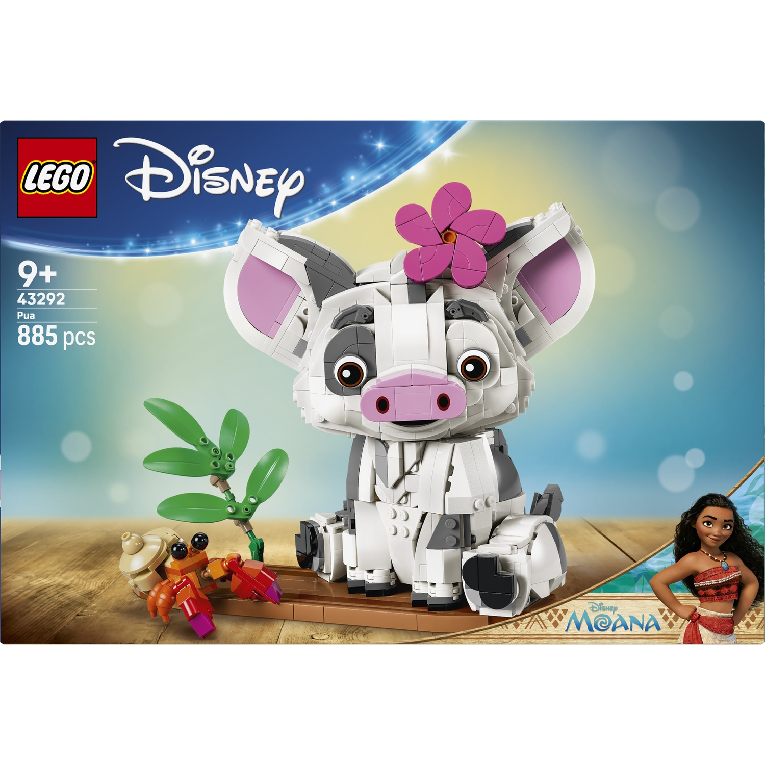 LEGO Pua set met Moana, een varken, een krab en een plant op hout.