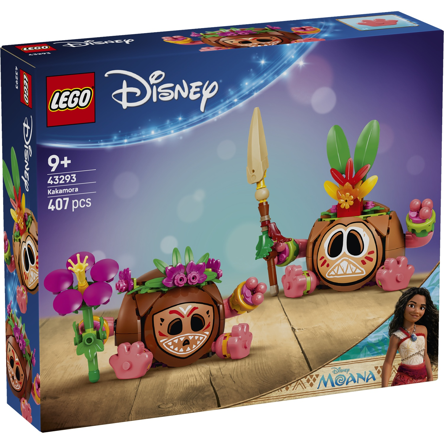 Lego Disney Moana Kakamora set met twee figuren, speer en bloem.